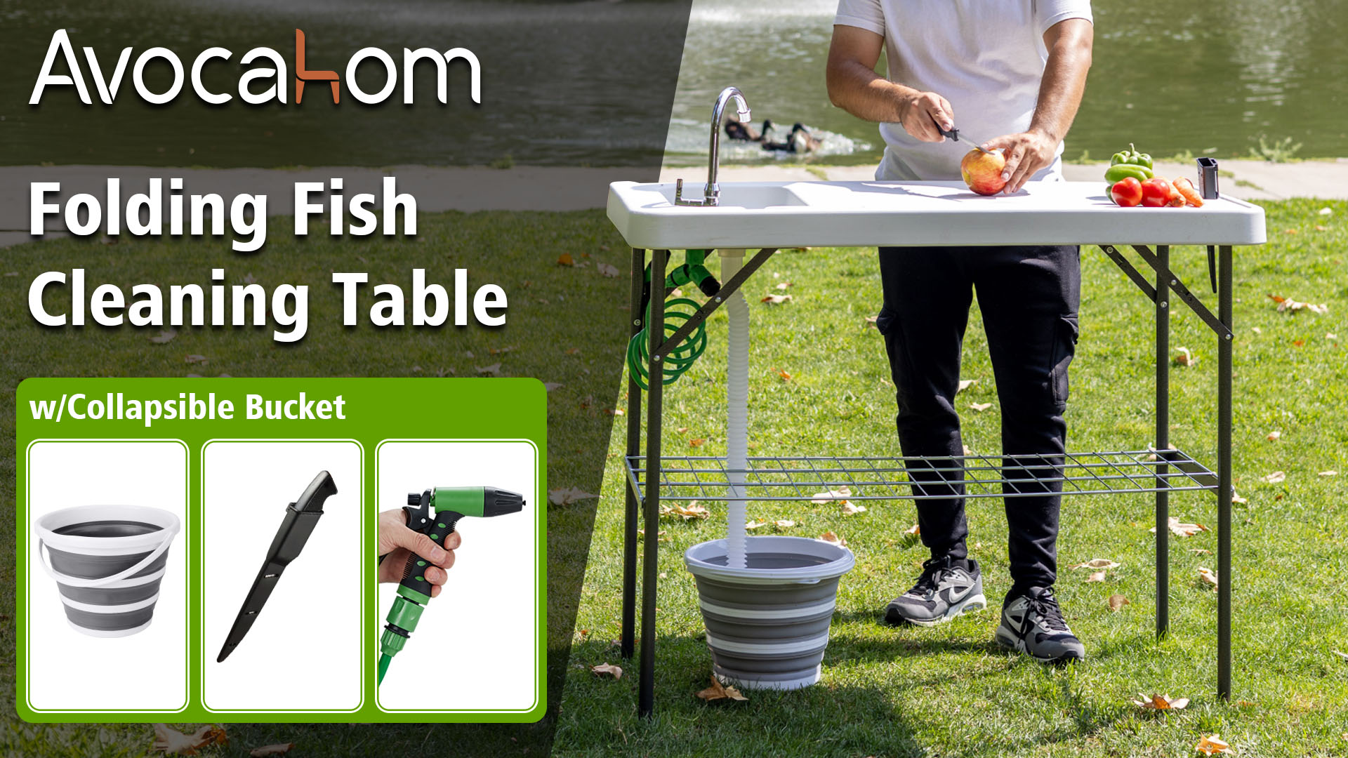 Mesa Plegable de Limpieza para Pescado Avocahom con Cubeta Colapsable, Estación de Archivo Portátil para Camping con Fregadero, Grifo, Manguera de Drenaje y Rociador, Parrilla y Ranura para Cuchillos miniatura 7