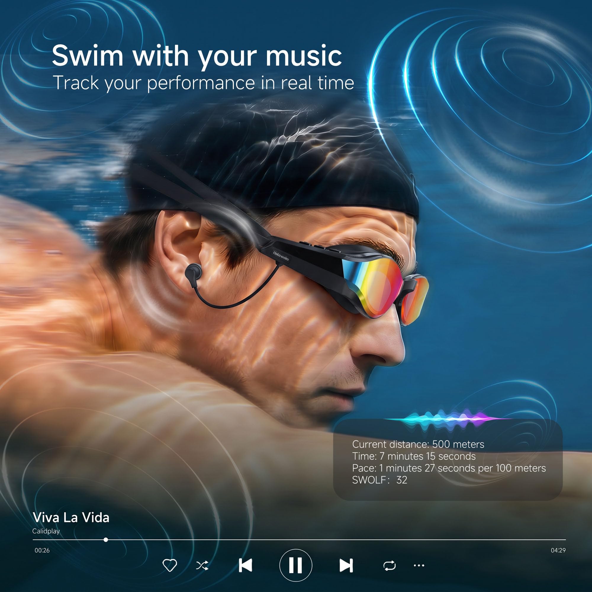 SollaWave AI Music Smart Occhialini da nuoto con cuffie da nuoto integrate, feedback vocale in tempo reale + lettore MP3, sensore di movimento a 9 assi, cuffie impermeabili IP68 per il nuoto, app e