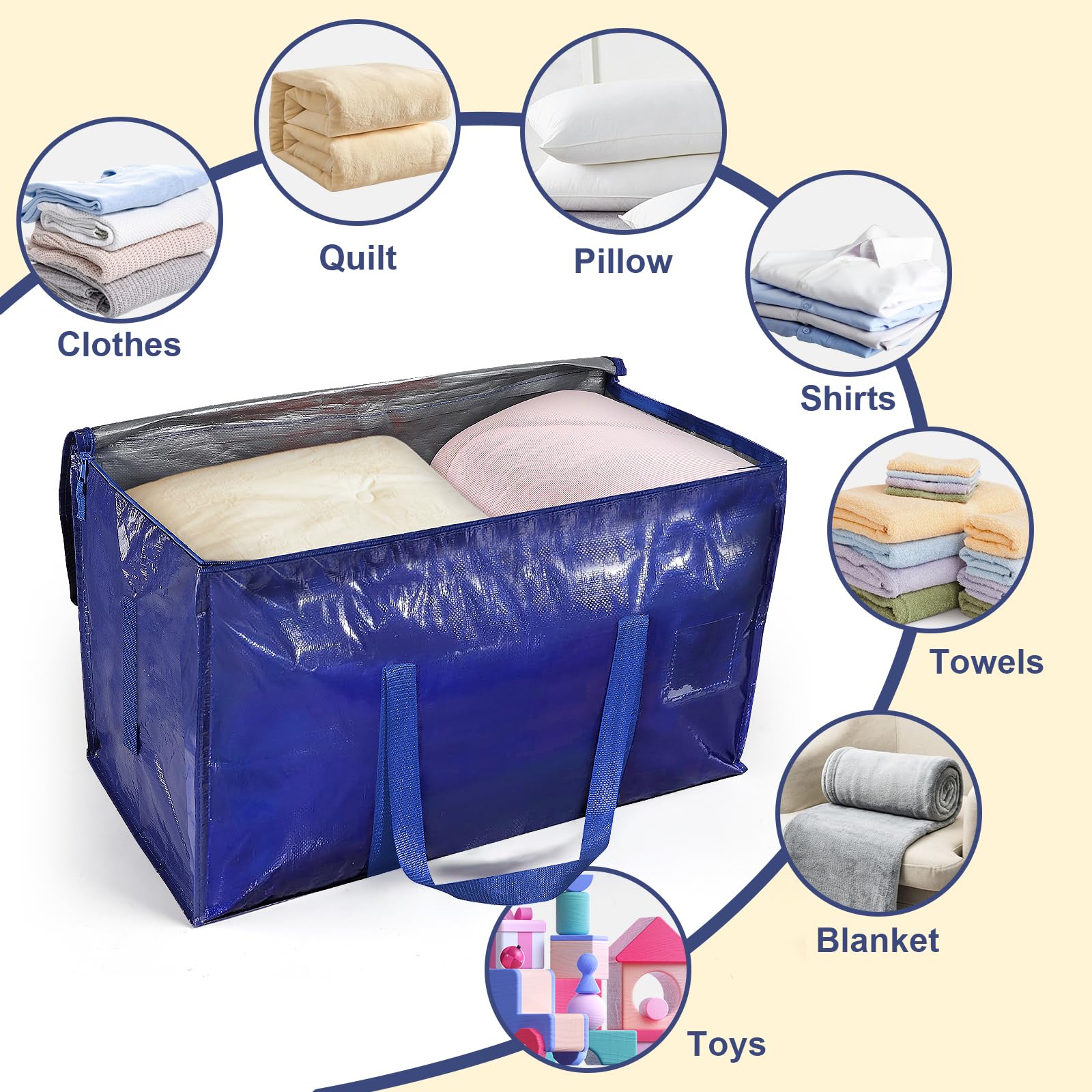 Set da 4 Borse Trasloco 90L Impermeabili con Cerniera e Maniglie Rinforzate, Borse di Stoccaggio Pieghevoli per Vestiti, Trapunte e Viaggi, Alternative a Scatole di Cartone (Blu, 4 Pezzi)