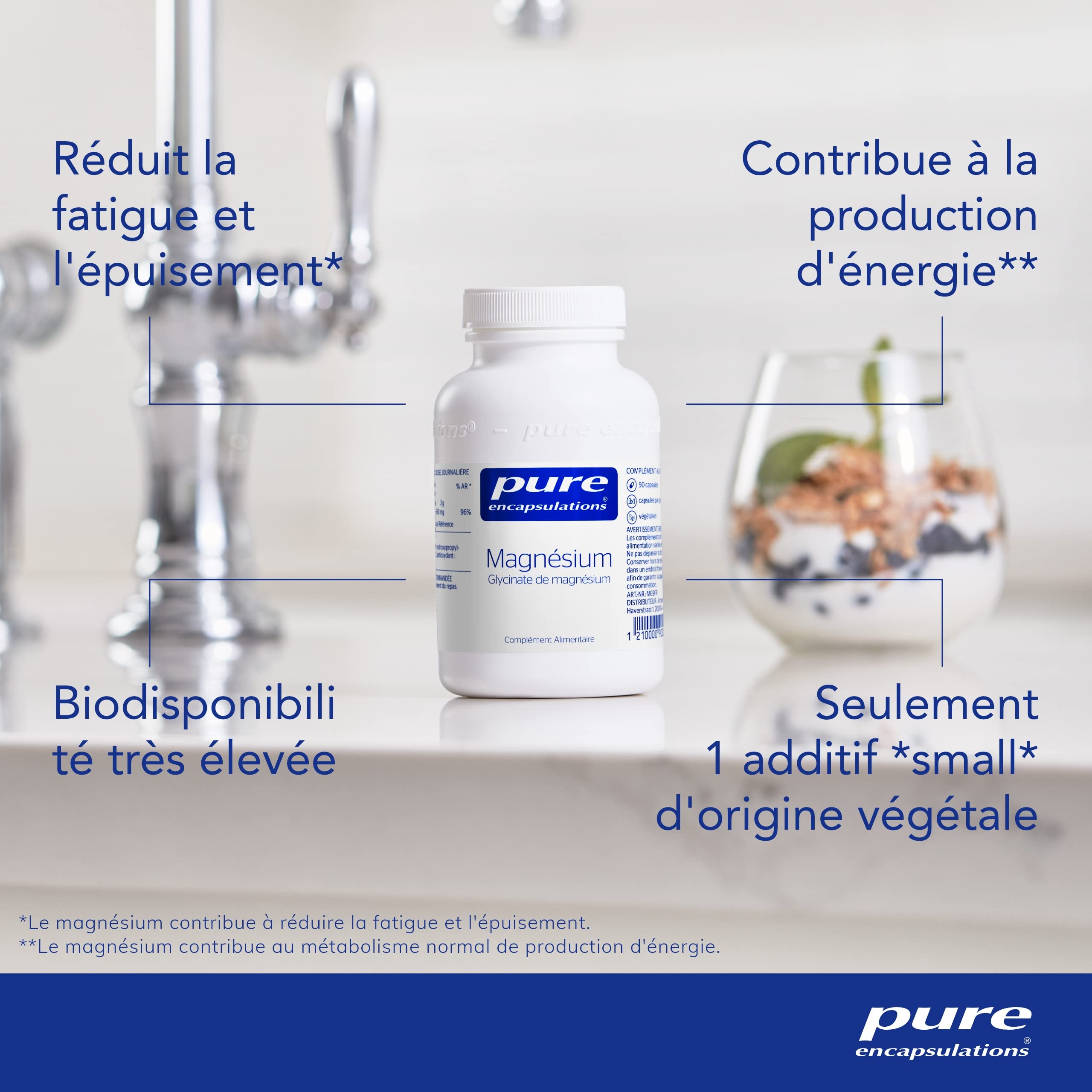 Pure Encapsulations - Glycinate de Magnésium 120mg - Magnésium Chélaté Biodisponible - Complément Anti-Fatigue - 90 Gélules Véganes