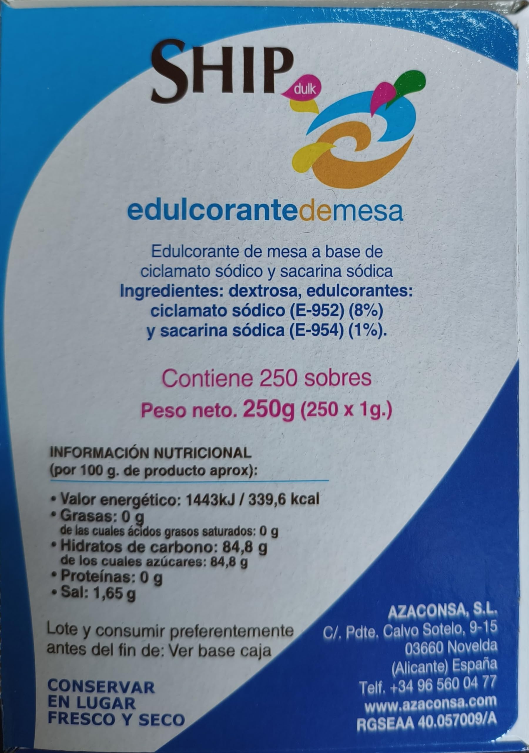 SHIP dulk Edulcorante de mesa en sobres (250 sobres de 1 gramo)