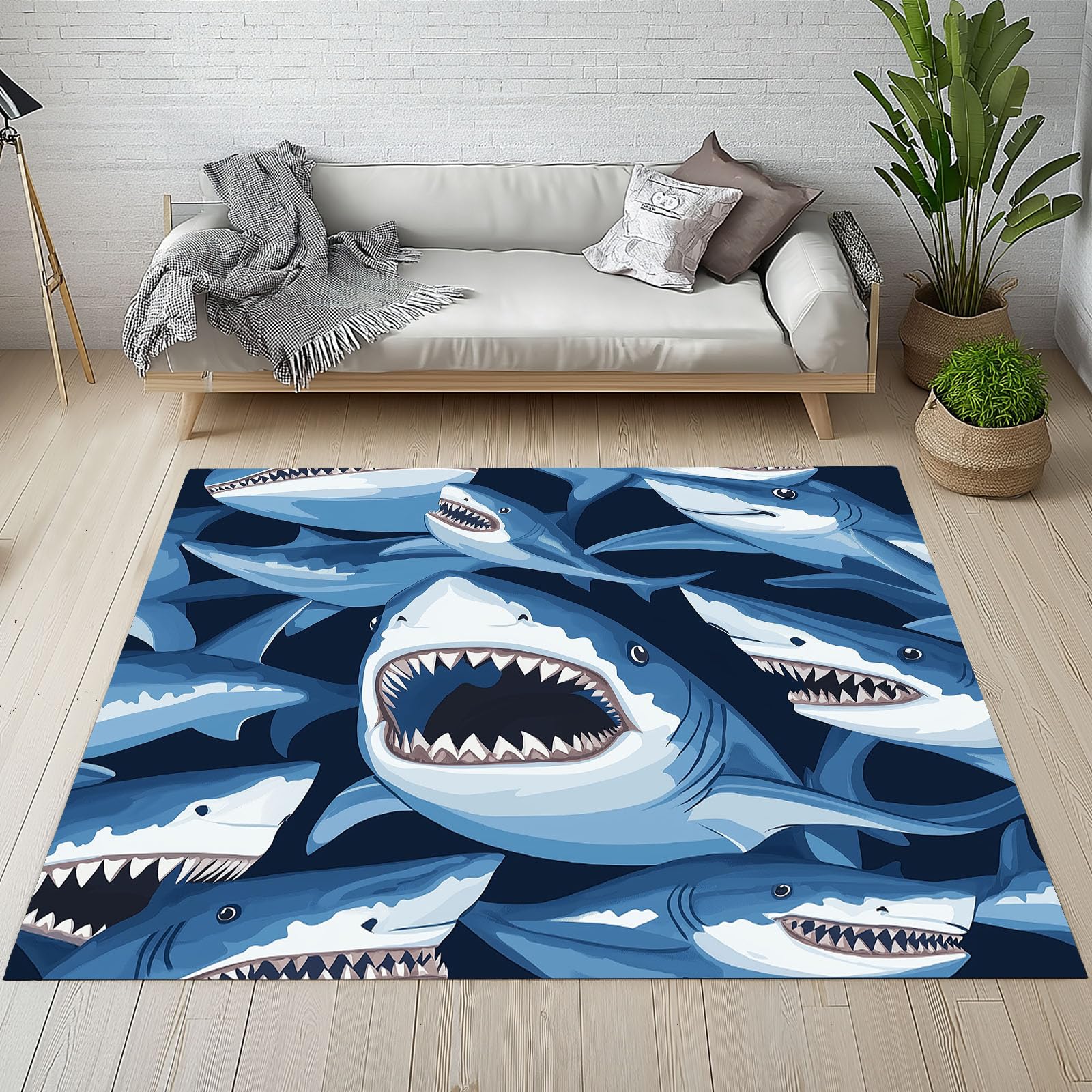 Tapis enfant requin bleu lavable en machine pour decor de salon ou cuisine