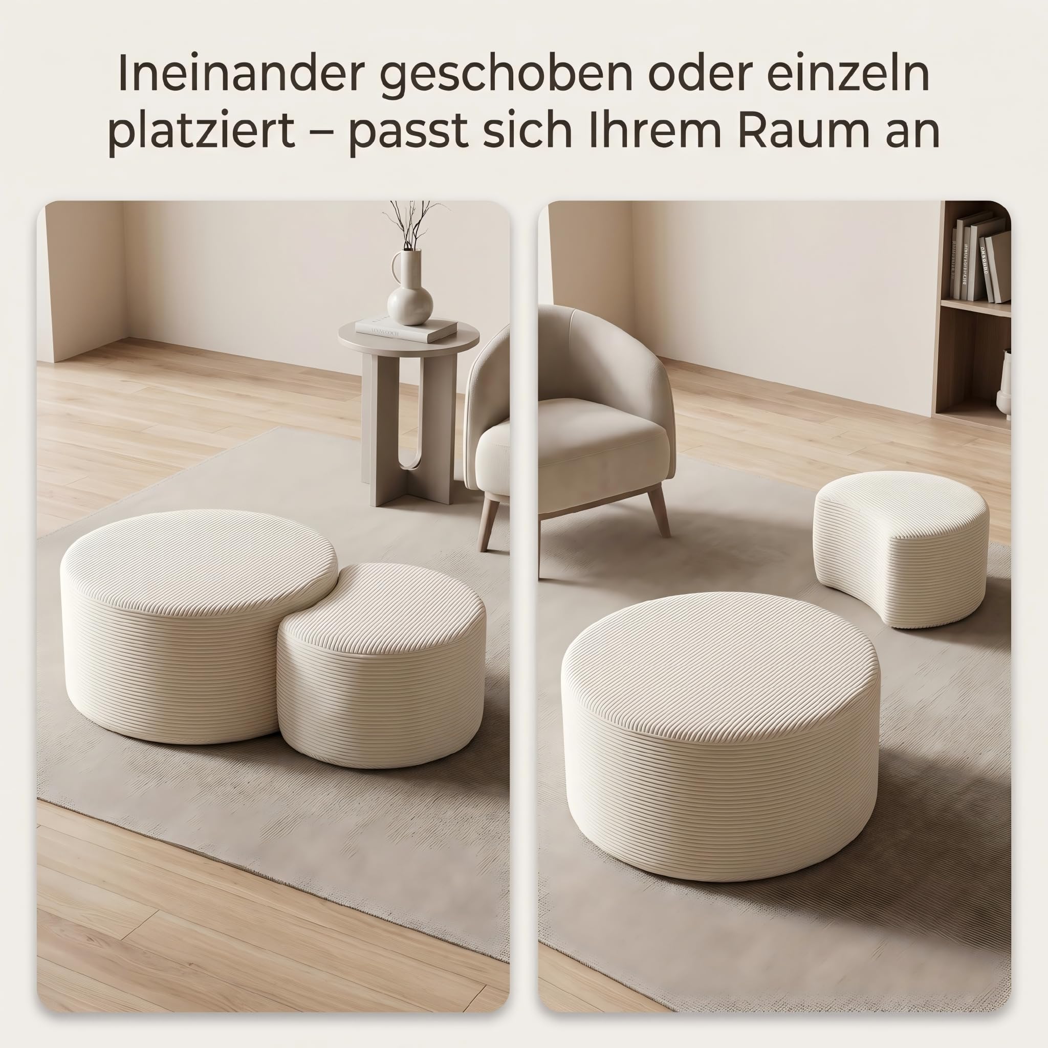 Cord Sitzhocker 2er Set Rund, Sitzpouf Beige aus Cord-Stoff, Fußhocker Wohnzimmer, Kaffeetisch Alternative, Pouf Set Groß & Klein, Ø72x38cm