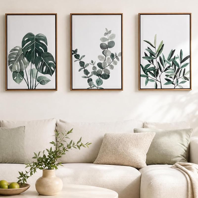 Framed Sage Green Leaf Wall Art Set Of 3-Deep Floating Frame, 16x24 Japandi Minimalist Canvas Wall Decor, Eucalyptus Monstera Olive Prints for Living Room Bedroom
