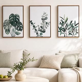 Framed Sage Green Leaf Wall Art Set Of 3-Deep Floating Frame, 16x24 Japandi Minimalist Canvas Wall Decor, Eucalyptus Monstera Olive Prints for Living Room Bedroom