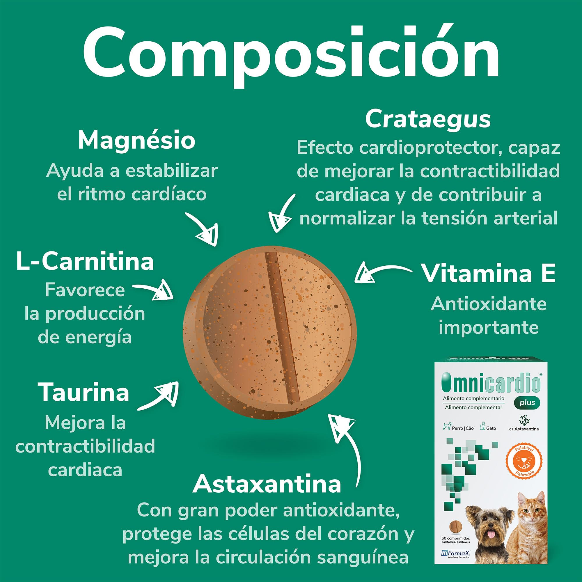 Omnicardio Plus Hifarmax - Suplemento Cardíaco para Perros y Gatos | Apoyo al Corazón con Taurina y L-Carnitina | Suplemento Corazón Perros | 60 Comprimidos