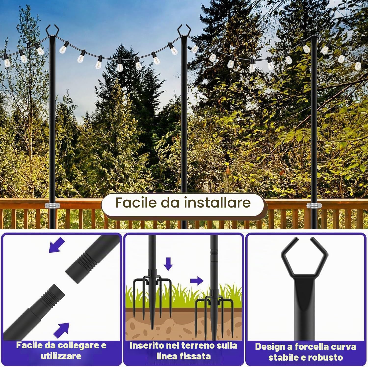 6 pezzi pali per luci a filo 3M per esterni, pali in metallici con forcella, per patio, pergola, giardino, cortile