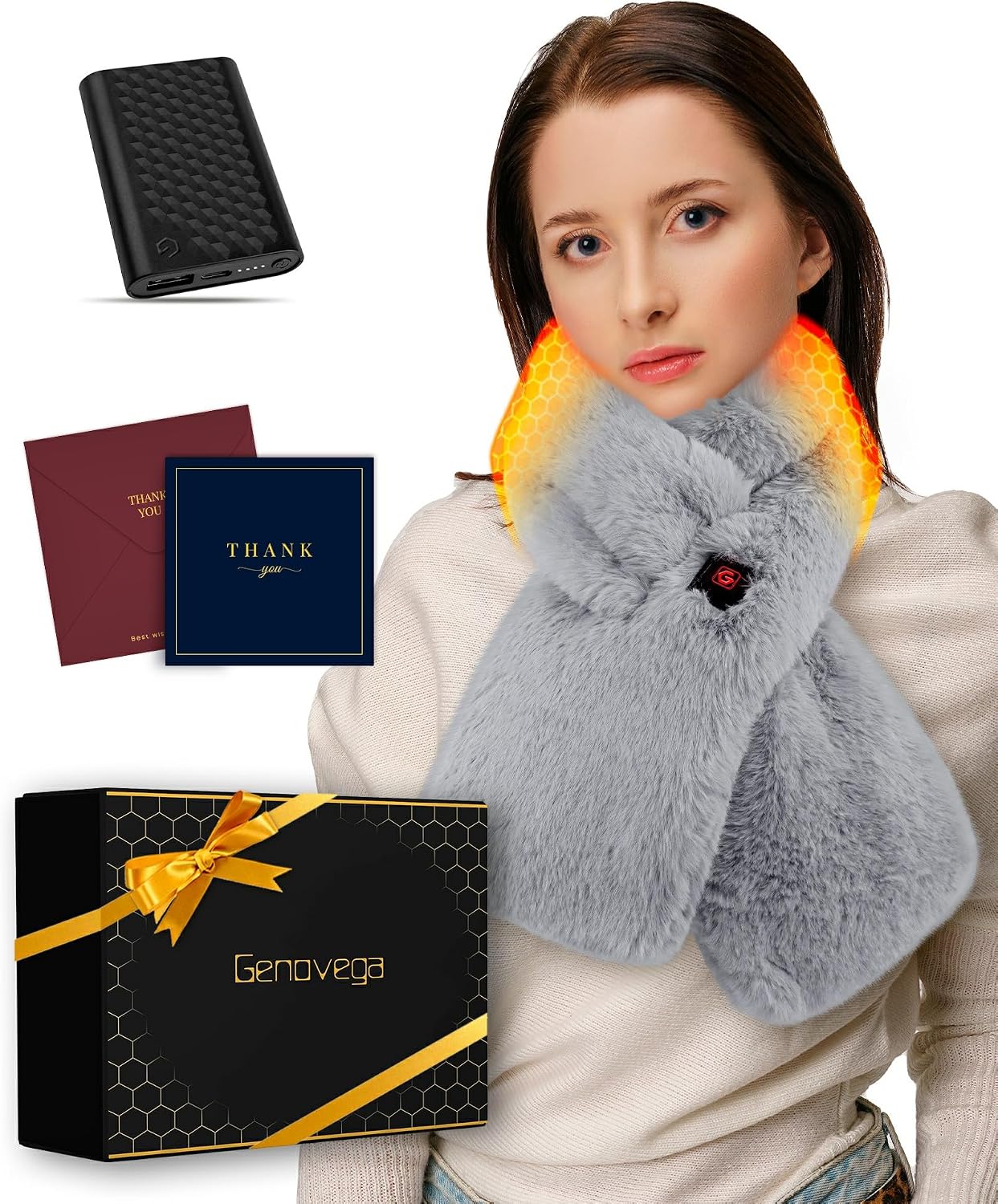 Heated Faux Fur Scarf for Women, Rechargeable Heating Shawl with Power Bank