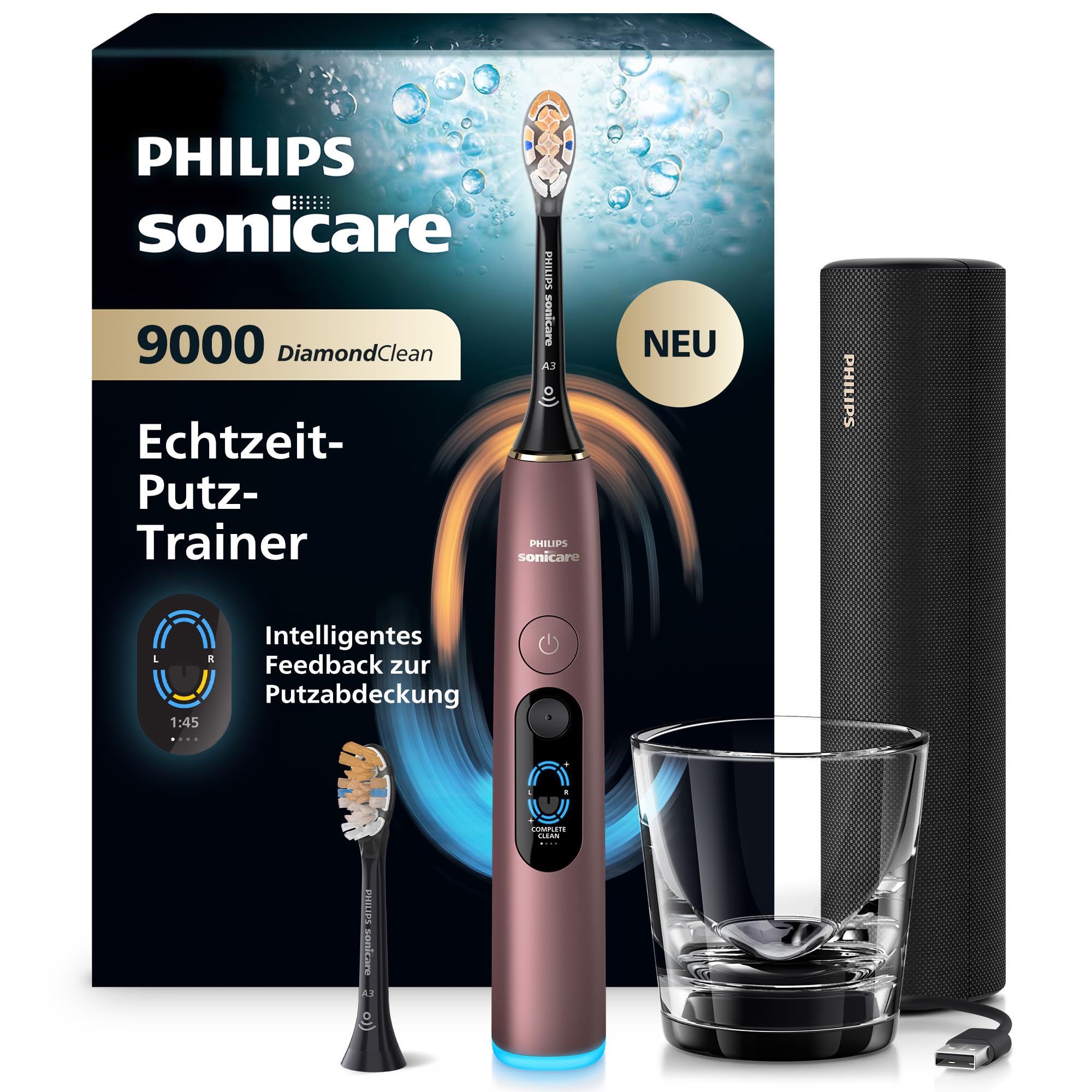 Philips Sonicare Next-Generation DiamondClean 9000 elektrische Zahnbürste - intelligentes Feedback zur Putzabdeckung, intelligente Andruckkontrolle und 21 Einstellungen, Satin-Lila, HX9214/85
