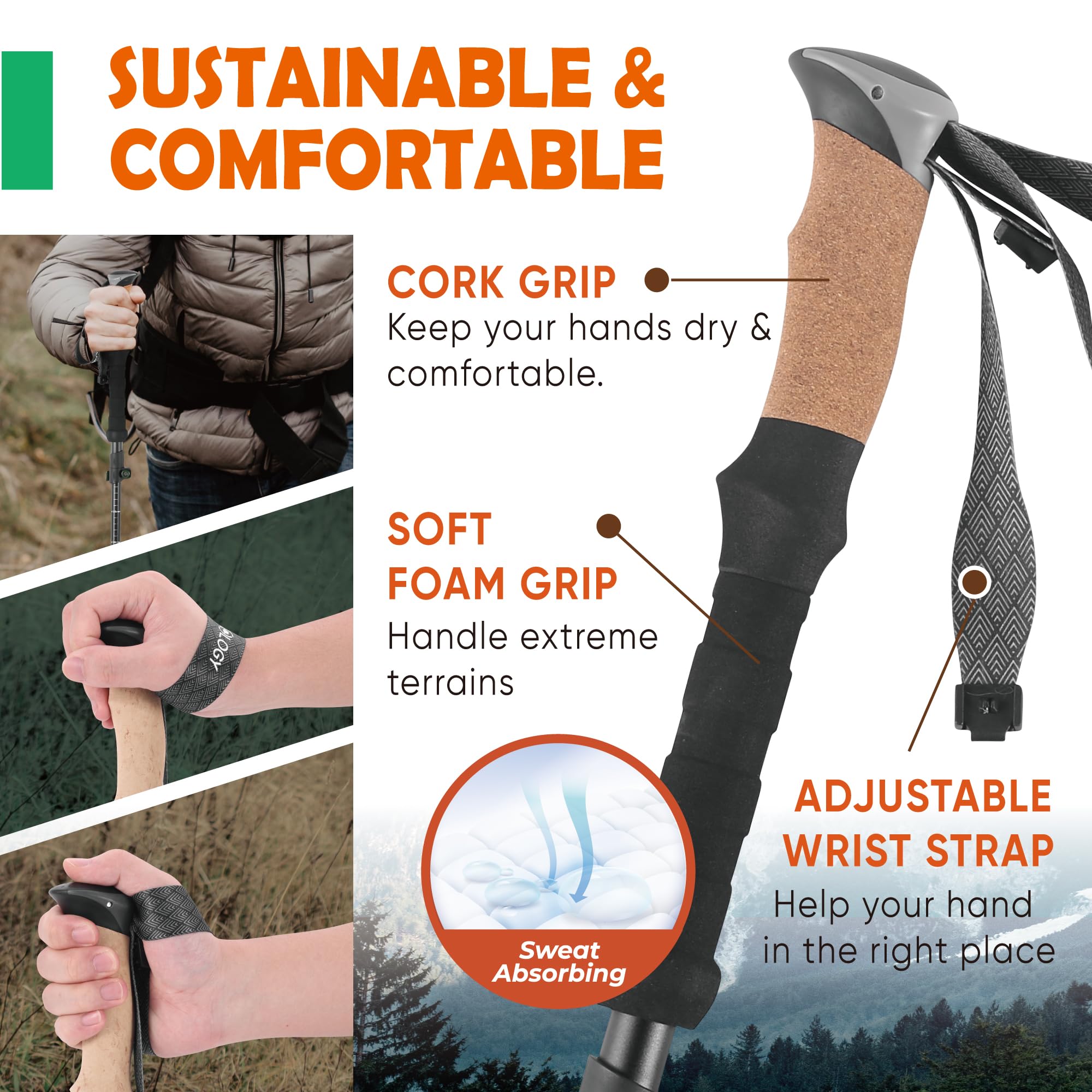TREKOLOGY Trek-Z Cork Grip Trekking Poles – Lightweight Folding Hiking Poles, Adjustable Height, Compact Travel Design, Aircraft-Grade Aluminum Walking Sticks for Men & Women