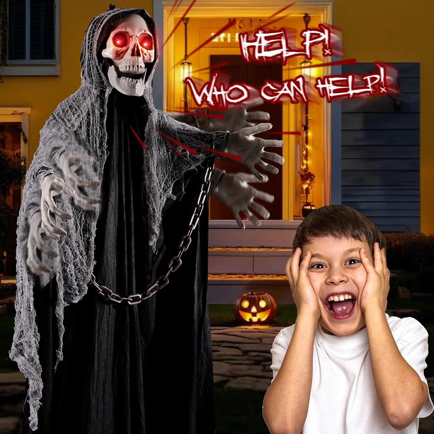 WINTS Halloween Outdoor Decorations,Animated Hanging Decor with Creepy Sound and Light Up Eyes, Sound & Slap Activated,Haunted House Props for Yard Lawn Outside Indoor