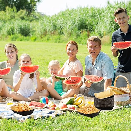 Miniatura 7 de Whaline 100 bandejas de papel desechables para alimentos, bote de comida de papel negro, 1 libra, papel resistente a la grasa, barcos para servir