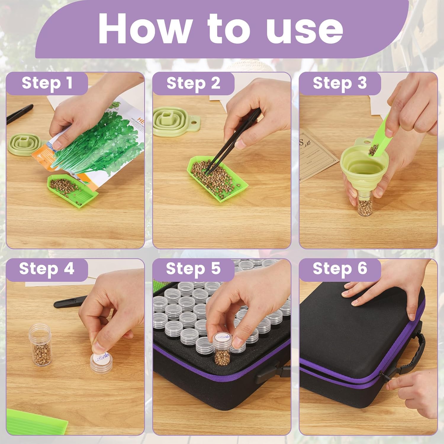 120 Slots Seed Storage Box with 25 Envelopes and Tools, Large Sturdy Storage Organizer for Garden Plant Seeds, Seed Bank with Zipper, Label, Funnel, Tweezers, Tray (Seeds Not Included) - Image 3