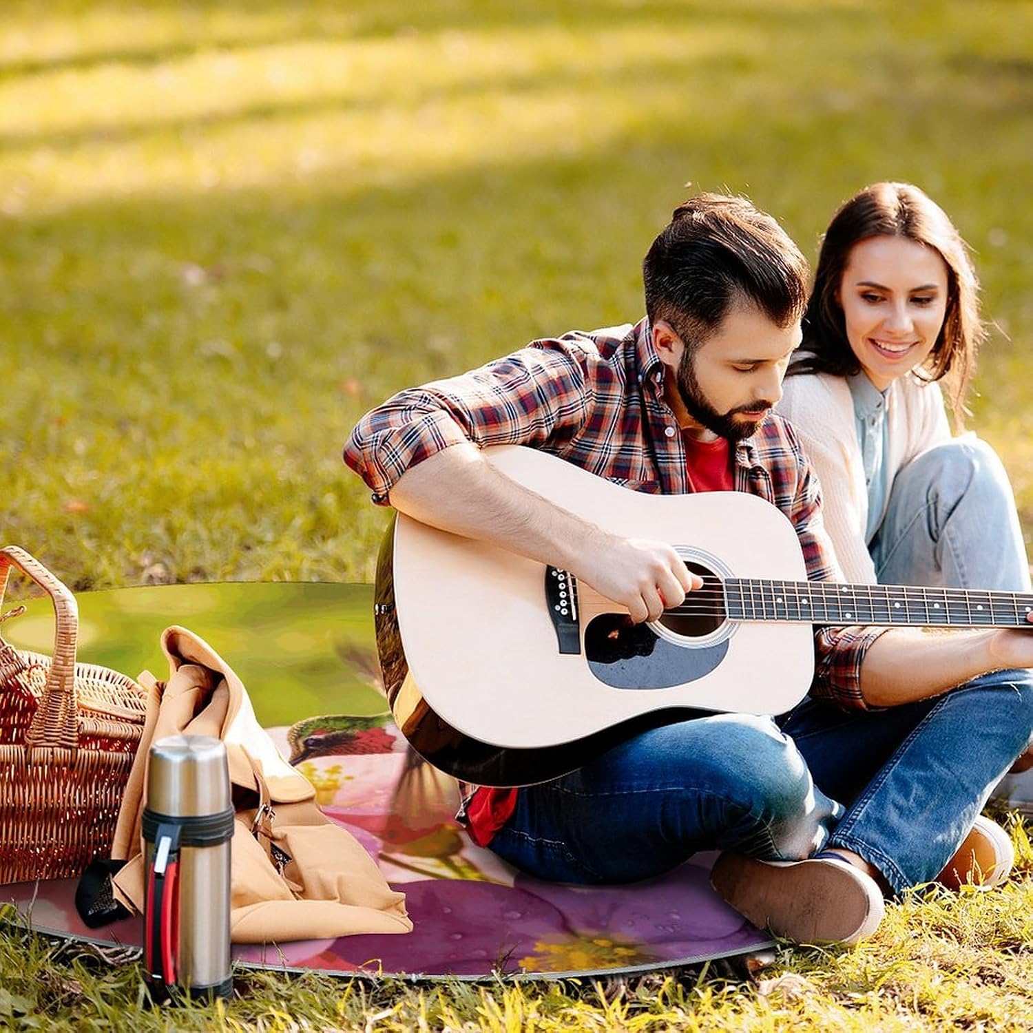 Flower Hummingbird Round Picnic Outdoor Blanket with Carry Strap,Lightweight Folding Portable Travel Blanket Waterproof Sand Proof Camping Blanket for Camping, Beach, Park 58.3"x58.6"