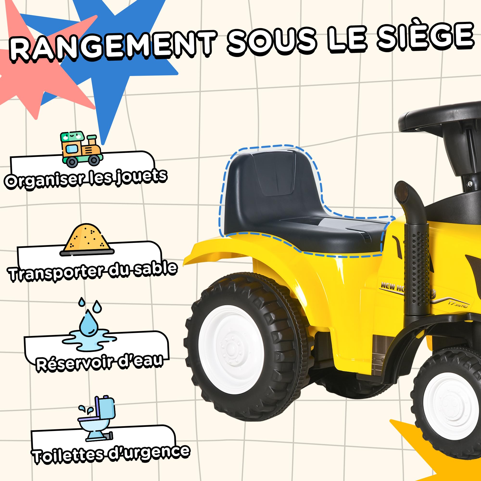 HOMCOM Porteur Tracteur Enfants – Avec Coffre, Pelle, Râteau, LED Et Klaxon – Pour 1 à 3 Ans – Bleu