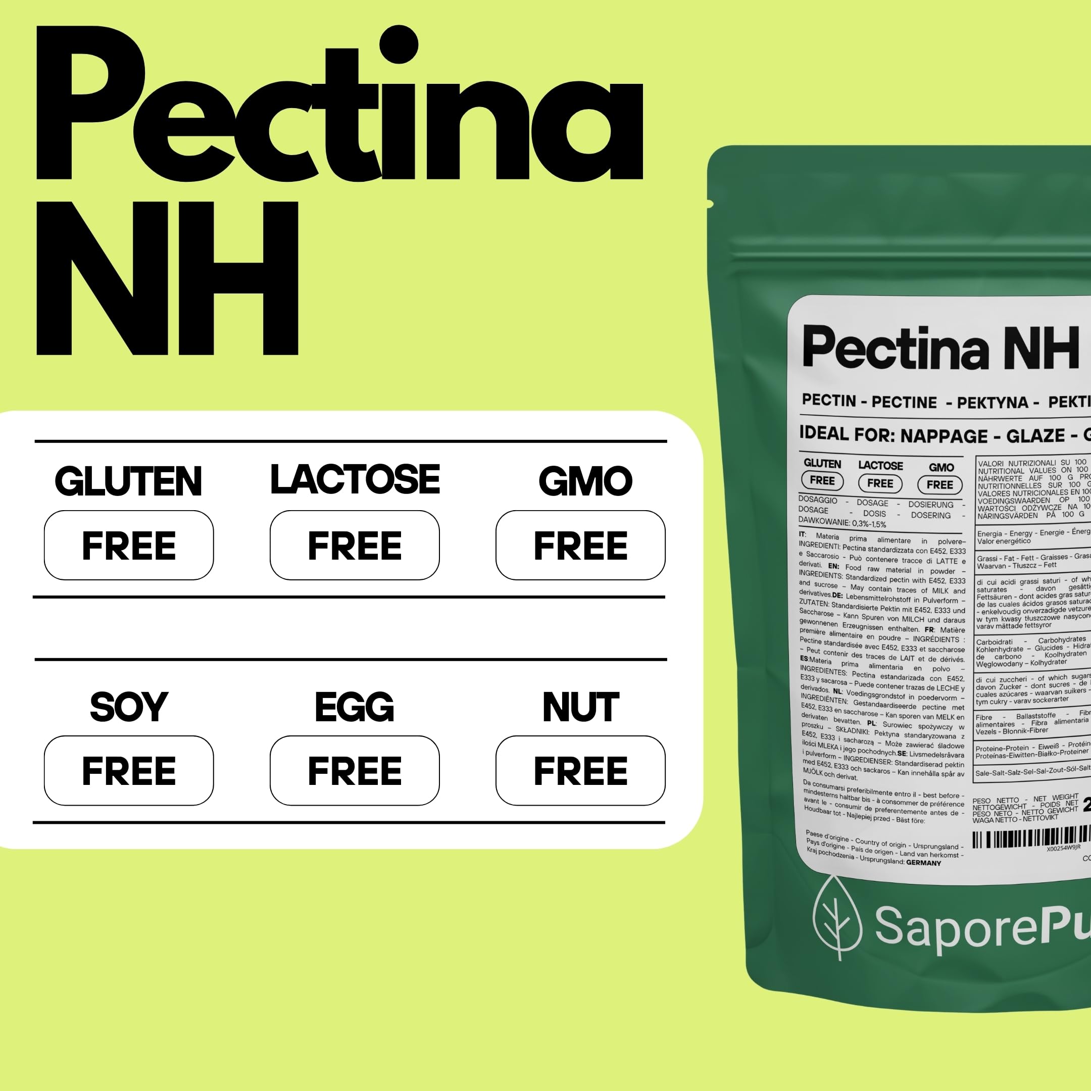 SaporePuro – Pectina NH 200 g | Ideal para Nappage, Glaseados y Gelatinas | Alta Versatilidad, Soluble en Agua, Sin Gluten