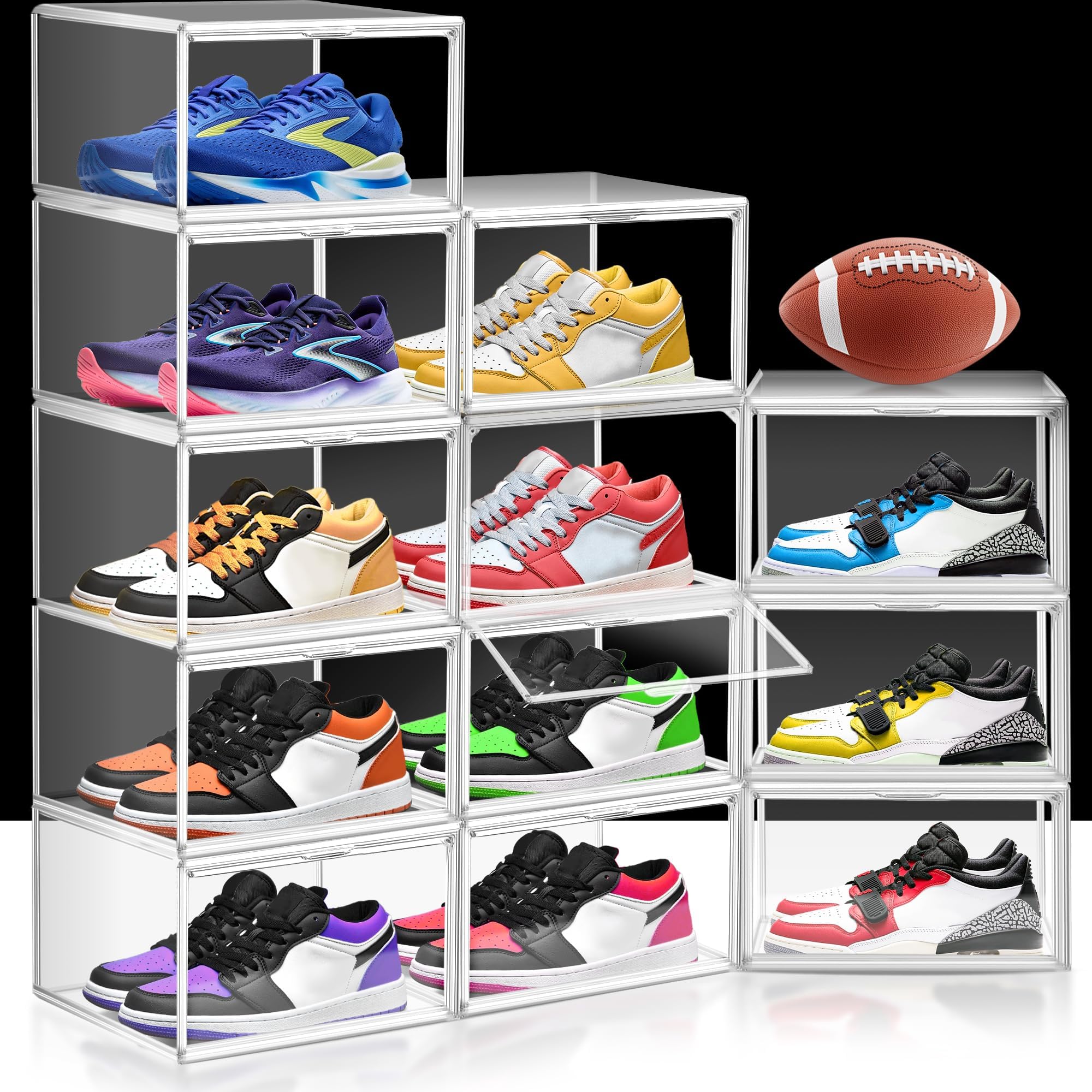 14 Pack Clear Shoe Boxes Size 12 Shoe Storage Organizer for Closet Stackable Shoes Rack Handbag Organizer Plastic Sneaker Storage Bin with Magnetic lids