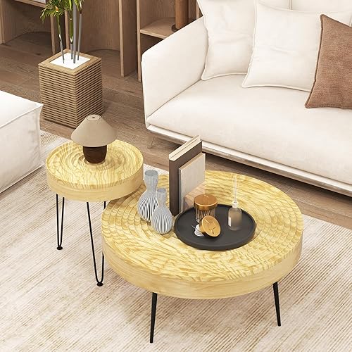 Miniatura 8 de Giantex Juego de 2 mesas auxiliares redondas bohemias, mesa anidable lateral para sofá con parte superior de madera de pino maciza, patas de metal y