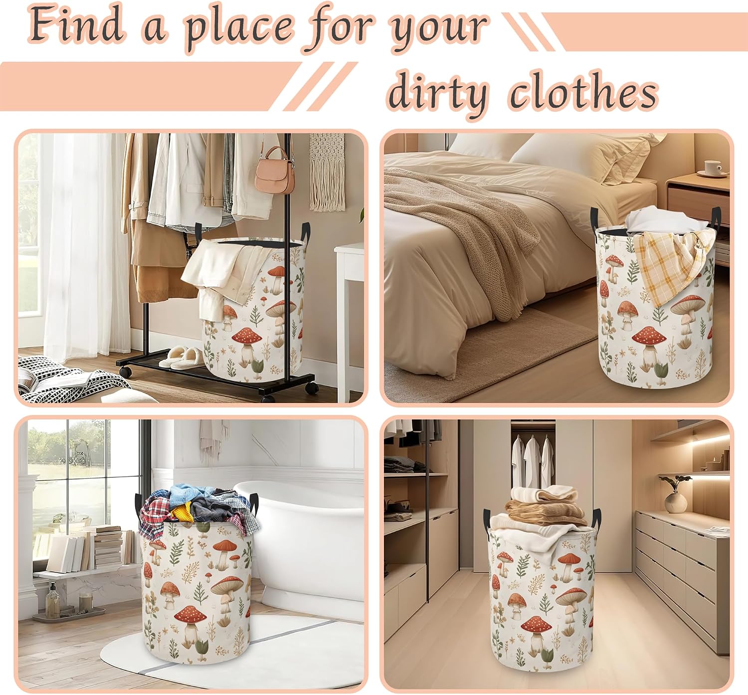 Red Mushroom Laundry Hamper with Handles,Plants Herbs Collapsible Waterproof Storage Basket for Dirty Clothes Books Round Organizer Bin for Bathroom Bedroom College Dorms 16" x 20.8"