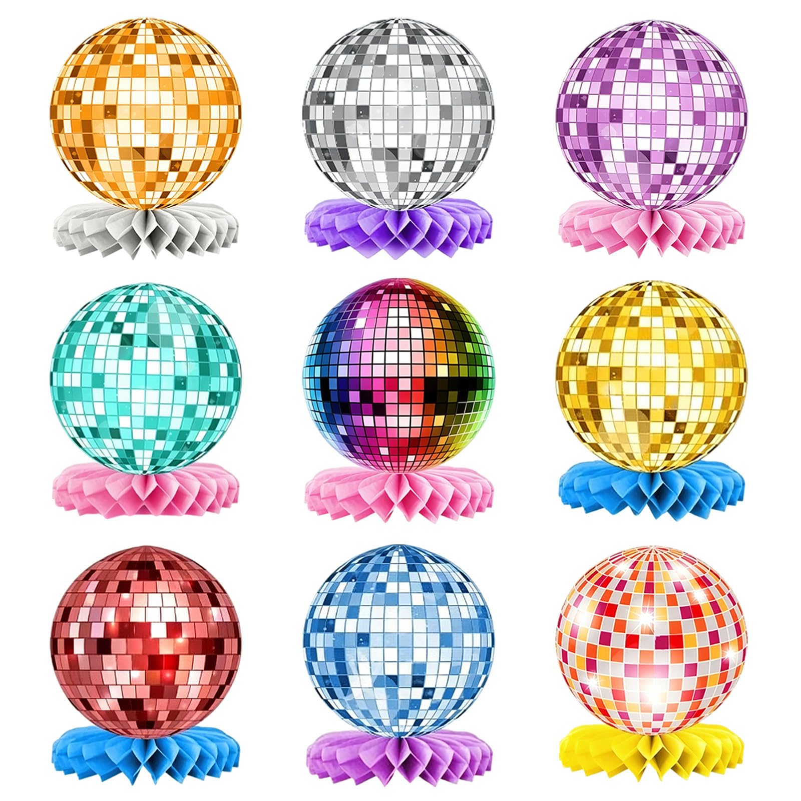 9PCS Disco Balls, Disco Ball Decorations, Colorful Table Honeycomb Centerpieces, Glitter Retro Honeycomb Balls for 70s 80s 90s Theme Music Party and Birthday Table Decorations