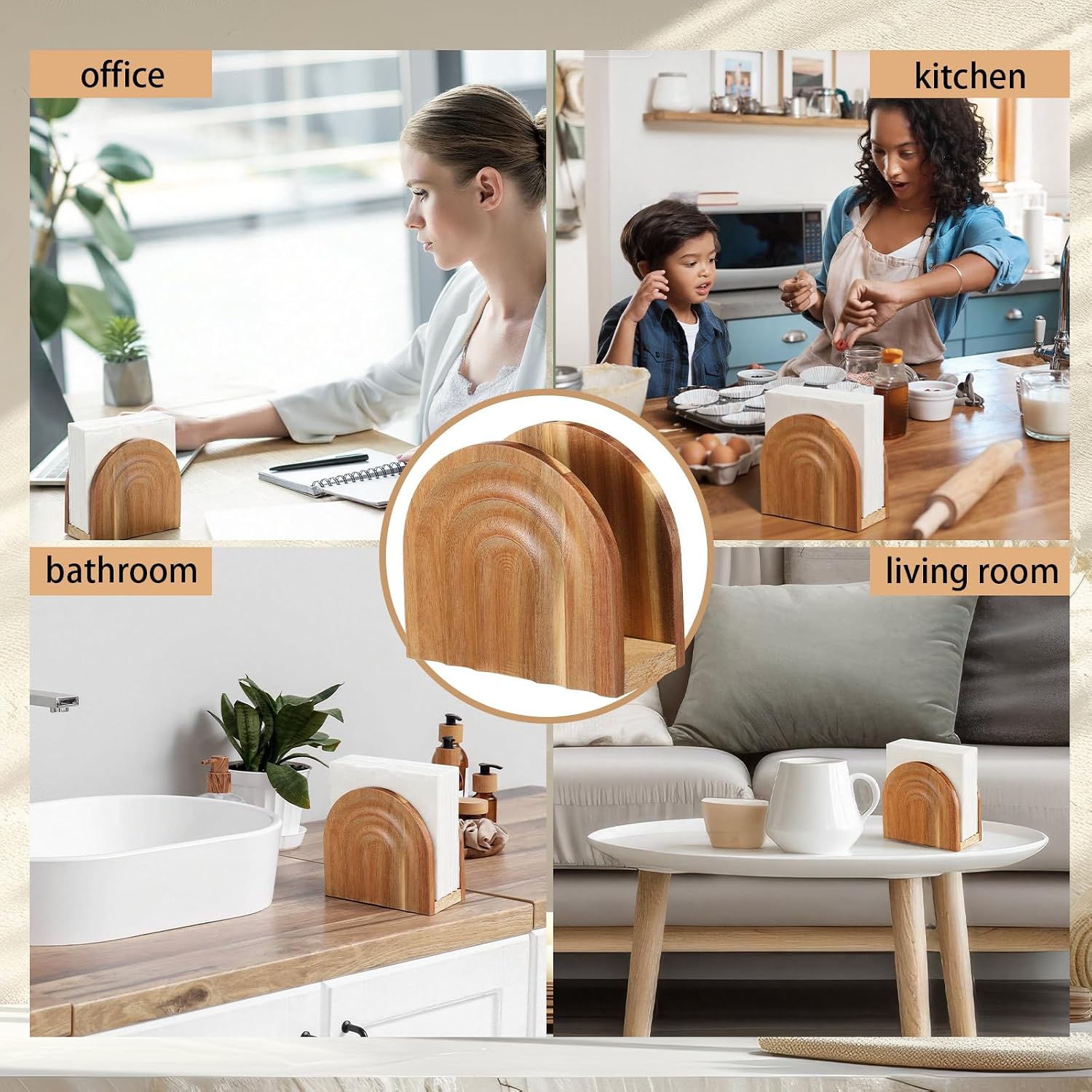 Acacia Wood Napkin Holder for Table, Boho Napkin Holder Modern Arch Design