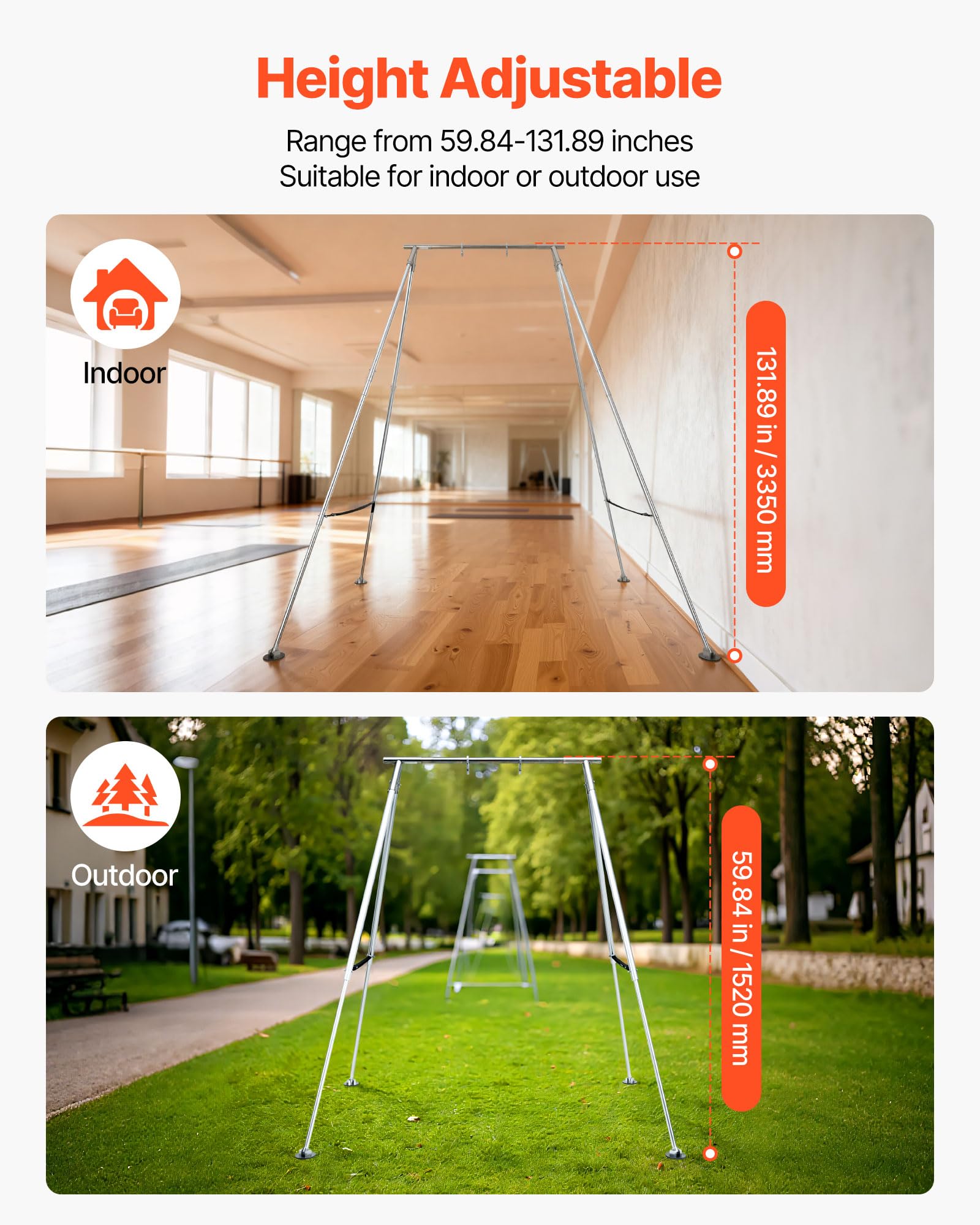 VEVOR Soporte de Yoga Aéreo, con Estructura Triangular, Carga Máxima de 140,6 kg, Aleación de Aluminio, Soporte para Telas Aéreas con Patas de Aluminio Ajustables en Altura, 3200 x 2780 x 3480 mm