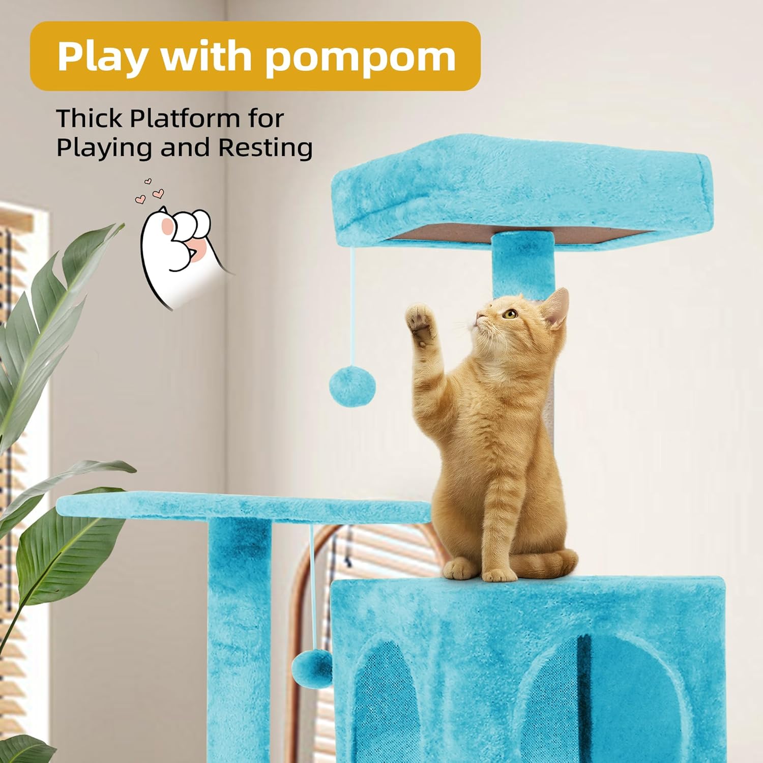 Cat Tree 54-Inch Cat Tower with Padded Plush Perch 2 Comfy Caves, Scratching Posts, Basket, 2 Pompoms, Multi-Level Plush Cat Condo for Indoor Cats Kittens, Blue