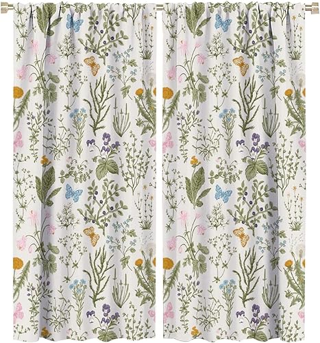 Miniatura 378 de Retro 70s Floral Blackout Window Curtains, Watercolor Flower Plant Rustic Modern Style Pattern Window Drapes, for Bedroom Living Room 42x45in 2
