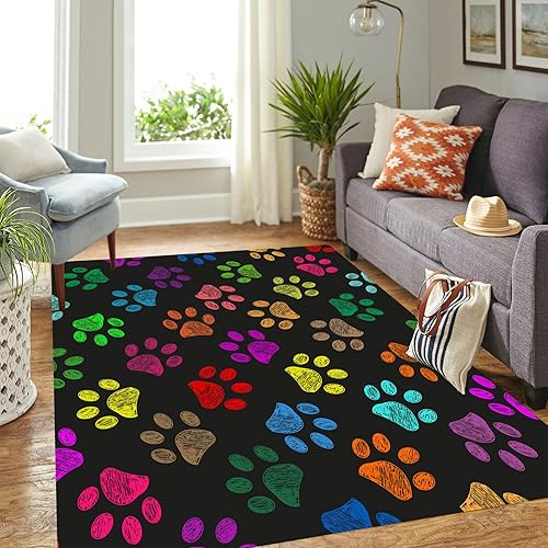 Alfombra antideslizante multicolor con patas de perro para sala de estar, comedor, dormitorio, cocina, 72 x 108 pulgadas  72.0 x 107.9 in, alfombra