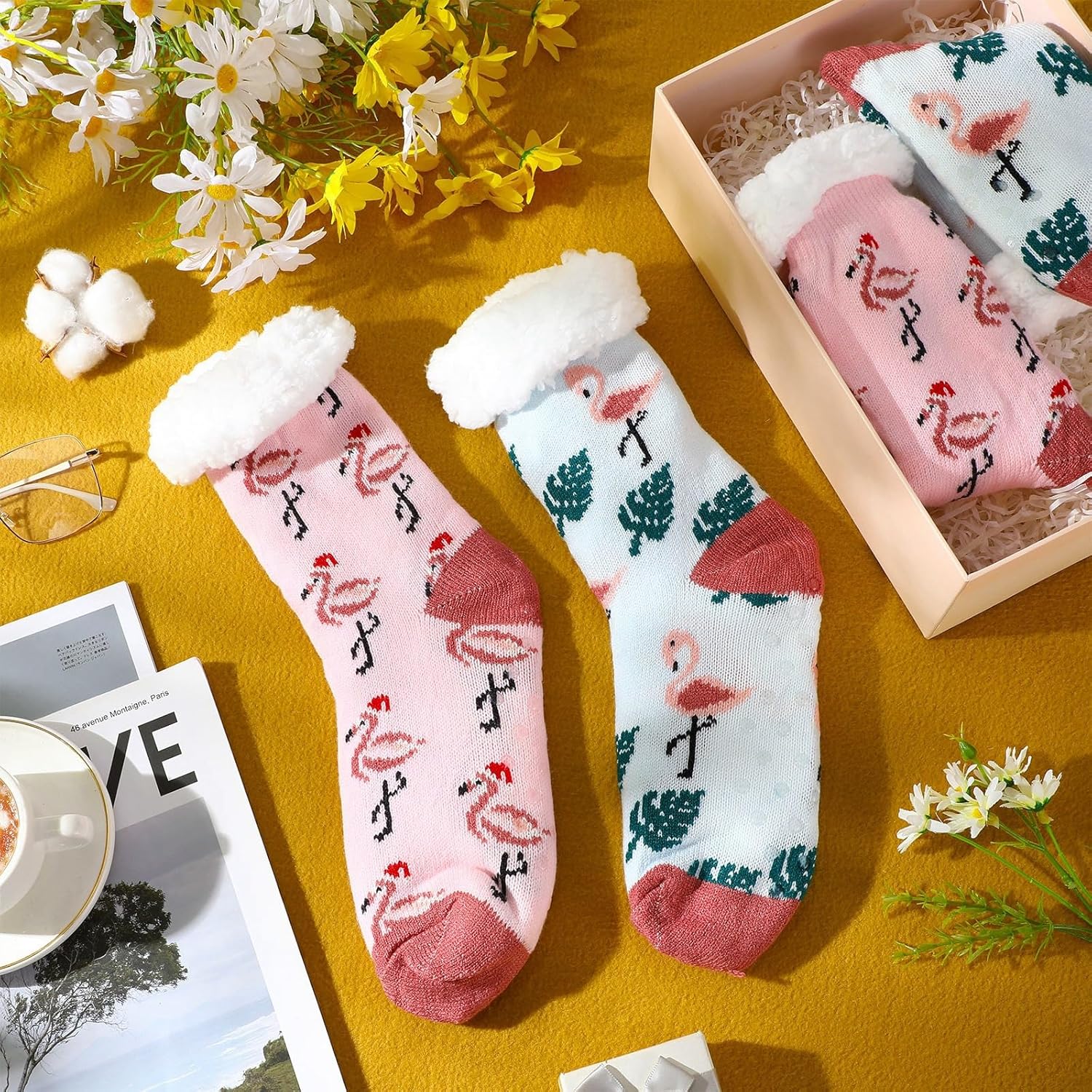 Foaincore 2 Pairs Flamingo Slipper Sock Winter Fleece Lined Fuzzy Thermal Socks Non Slip Christmas Party Favors Gifts - Image 3