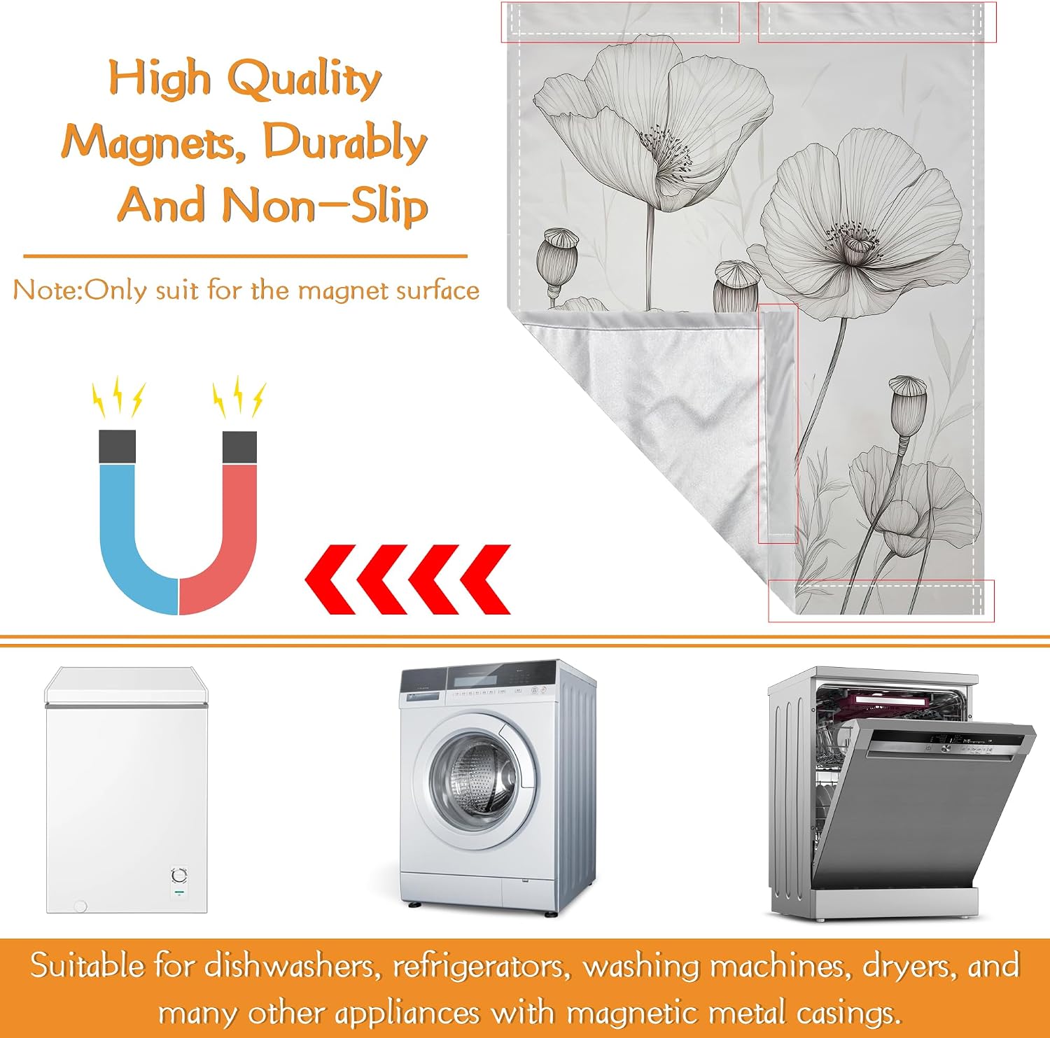 Poppy Flowers Dishwasher Magnet Cover,Vintage Plants Waterproof Magnetic Dishwasher Front Cover,Refrigerator Panel Sticker for Kitchen Decor 23" x 26" image 4