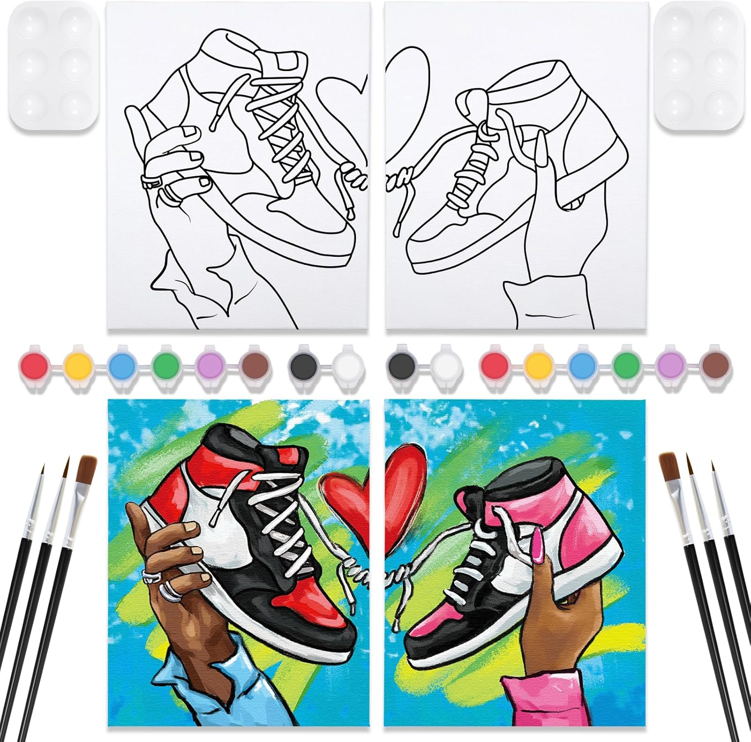 VOCHIC 2 Pack Couples Paint Party Kits Pre Drawn Canvas for Adults Paint and Sip Kit Date Night Games for Couples Painting Valentine's Day (12x16 Inches, Crown High Heel and Sneakers)