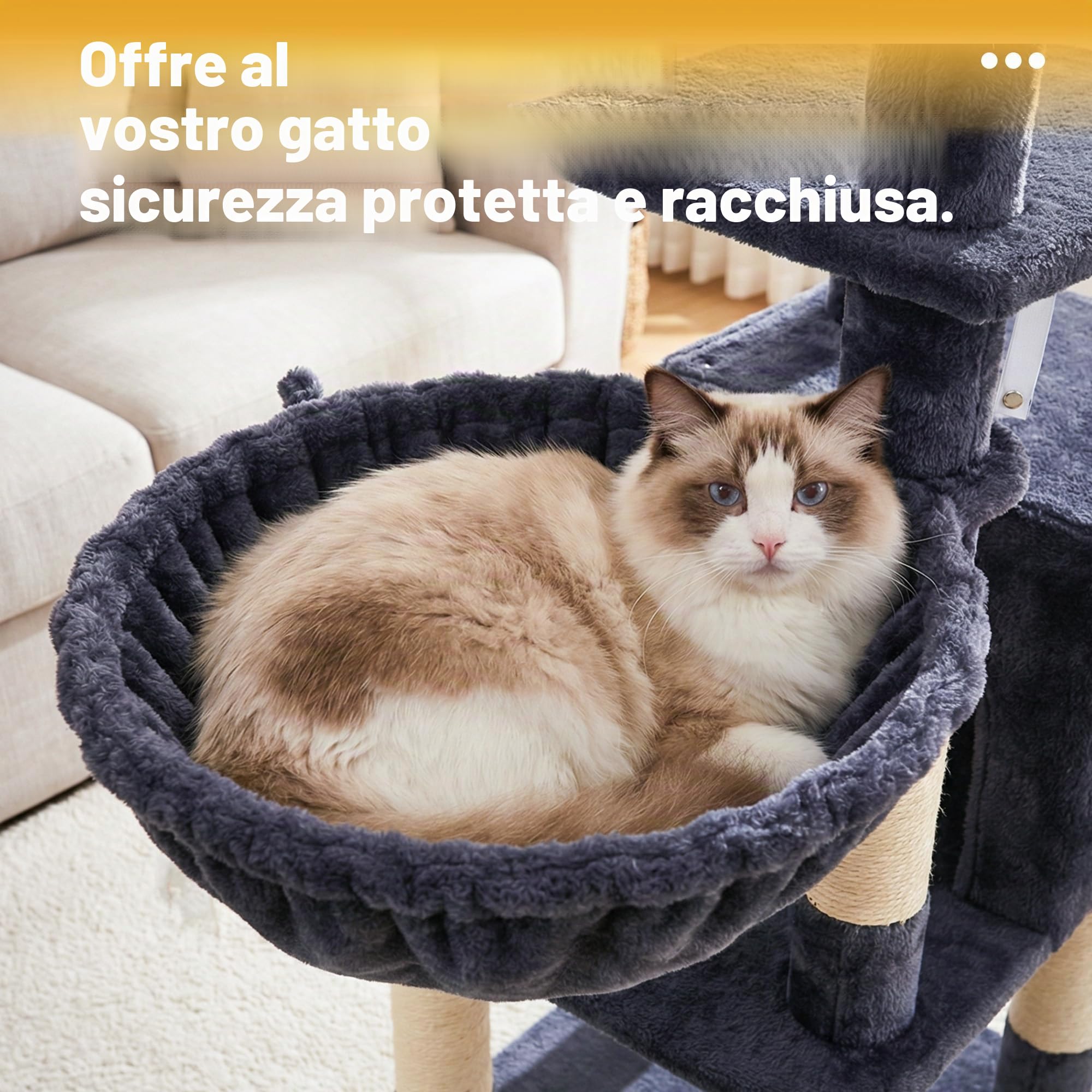 Hey-brother Tiragraffi per Gatti, con Cuccia, Topolino finto, MPJ004SG | 110cm Albero per Gatti Multilivello, Cesta, Piattaforme in Peluche, Pompon, Ideale per gattini da interno, Grigio Fumo
