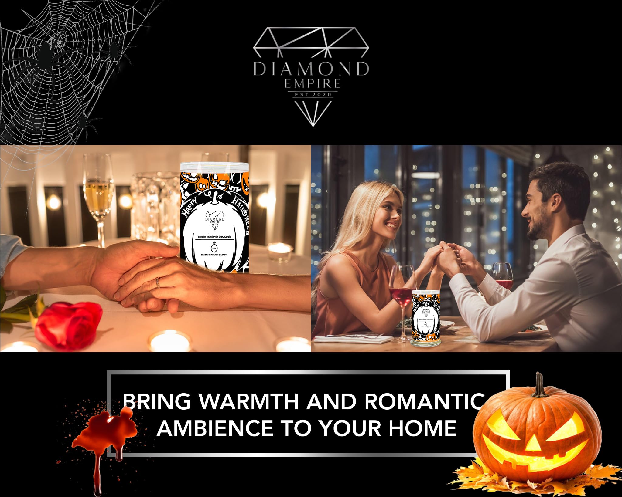 Diamond Empire Happy Halloween con gioielli a sorpresa all'interno (gioielli a sorpresa del valore fino a £2.500) 2 stoppini candela di Halloween (durata fino a 120H) (anello N/O)