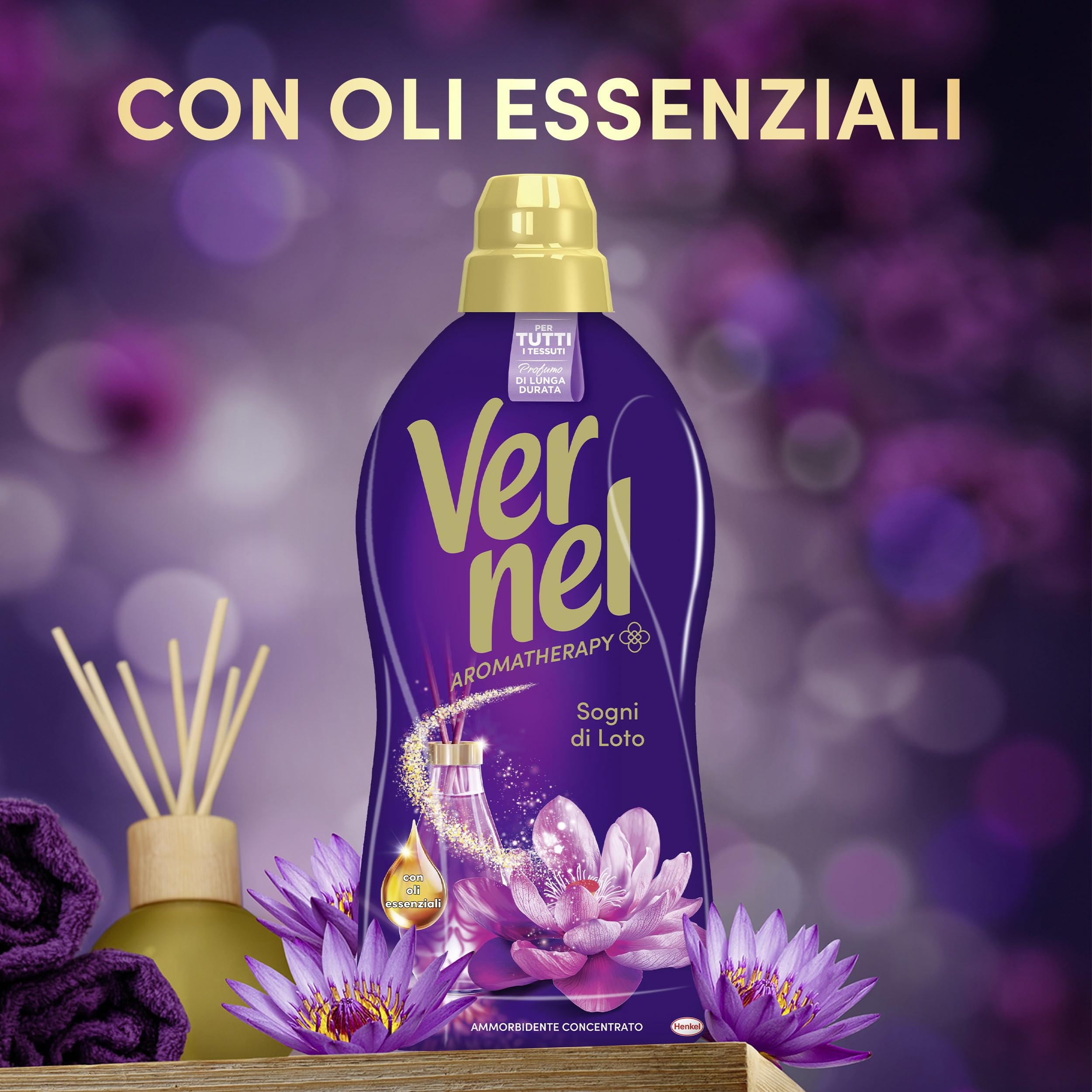 Ammorbidente Concentrato Vernel Aromatherapy Sogni di Loto (10 x 48 lavaggi), Ammorbidente Concentrato per Tutti i Tessuti, Profumo di Lunga Durata con Oli Essenziali