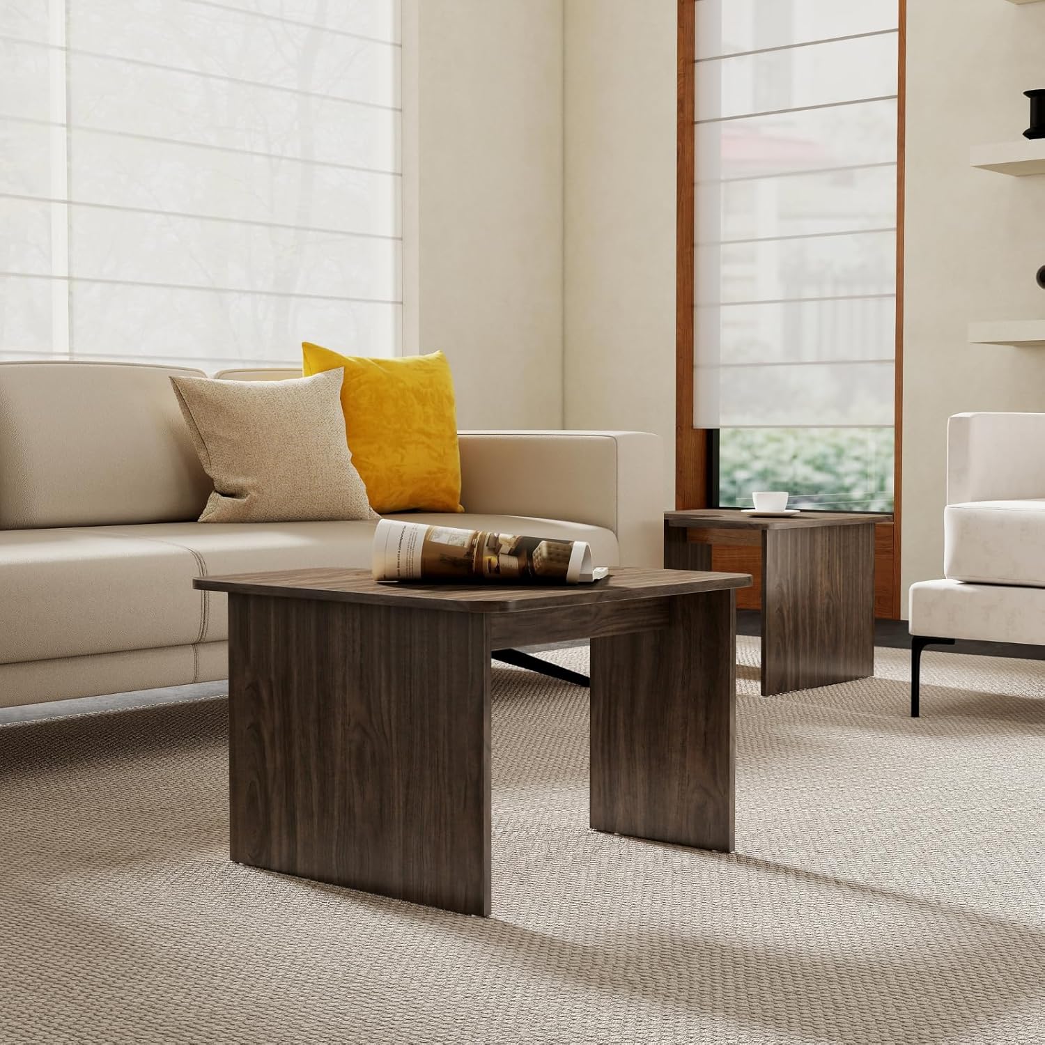 Modern Nesting Coffee Table Set of 2, Walnut Wooden L-Shape Square Coffee Table, Small Center Table End Table Sets with Rustic Wood Grain for Living Room Bedroom Office Cafe