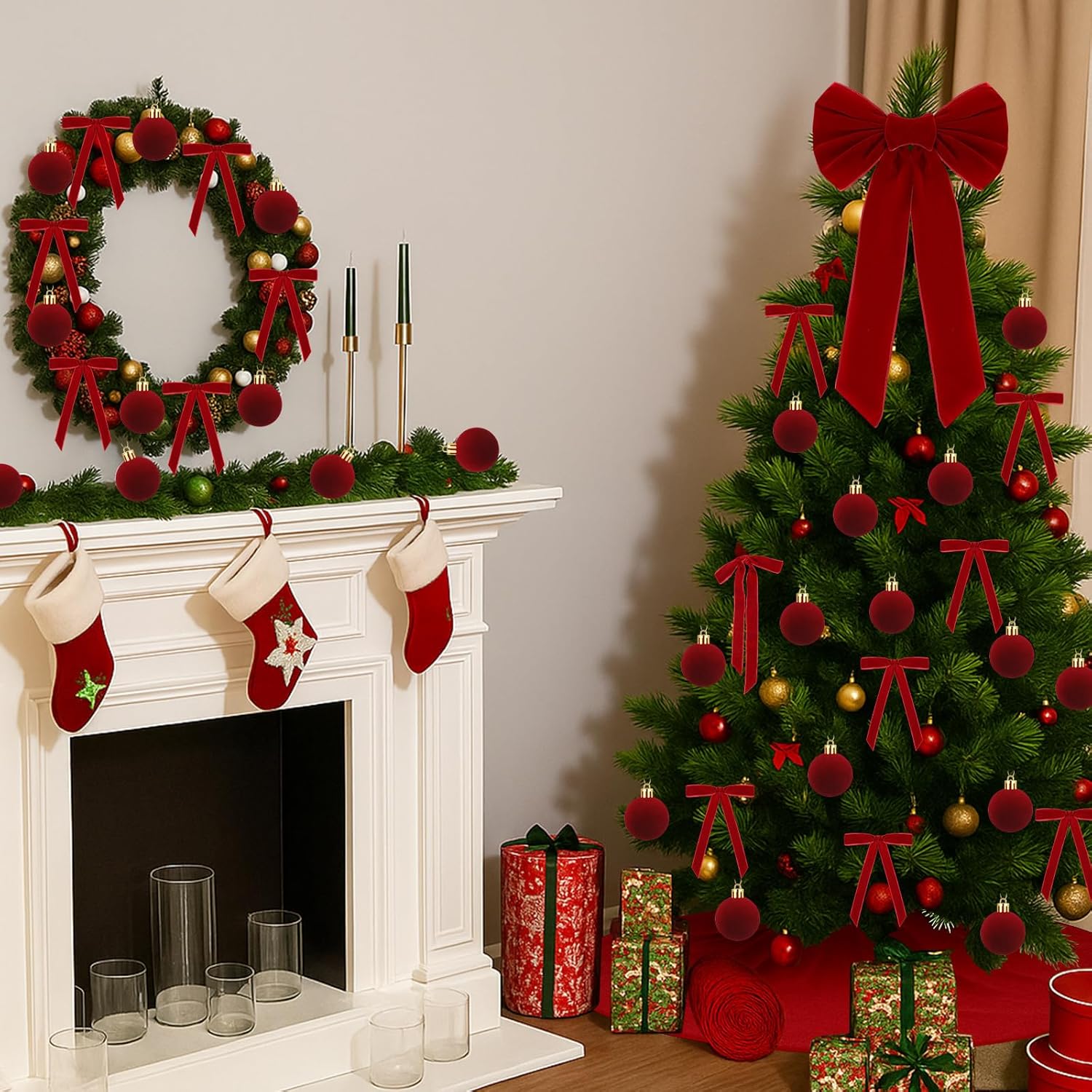 Poen 62 Pcs Burgundy Velvet Christmas Ornaments Set Red Velvet Bows Balls Topper Bow Tree Skirt for Christmas Tree Decorations Xmas Home Decoration Supplies