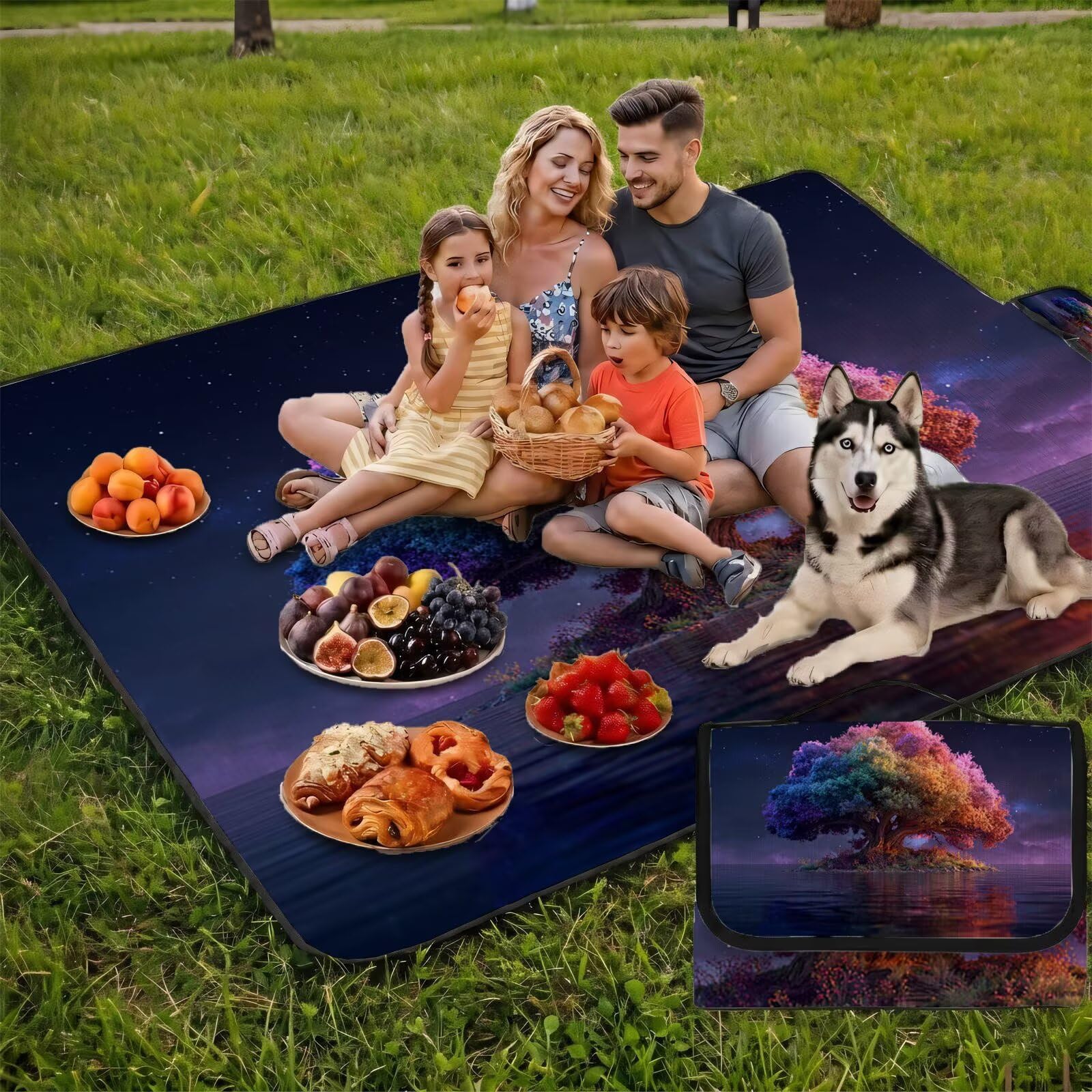 Couverture Pique Nique Grande 200x300cm,Outdoor Couverture Imperméable,Pliable Tapis de Plage Dos en PVC,Picnic Blanket pour Camping Accessoires,Jardin,Parc,Famille - Arbre de Vie,Coloré (2) UZ-540