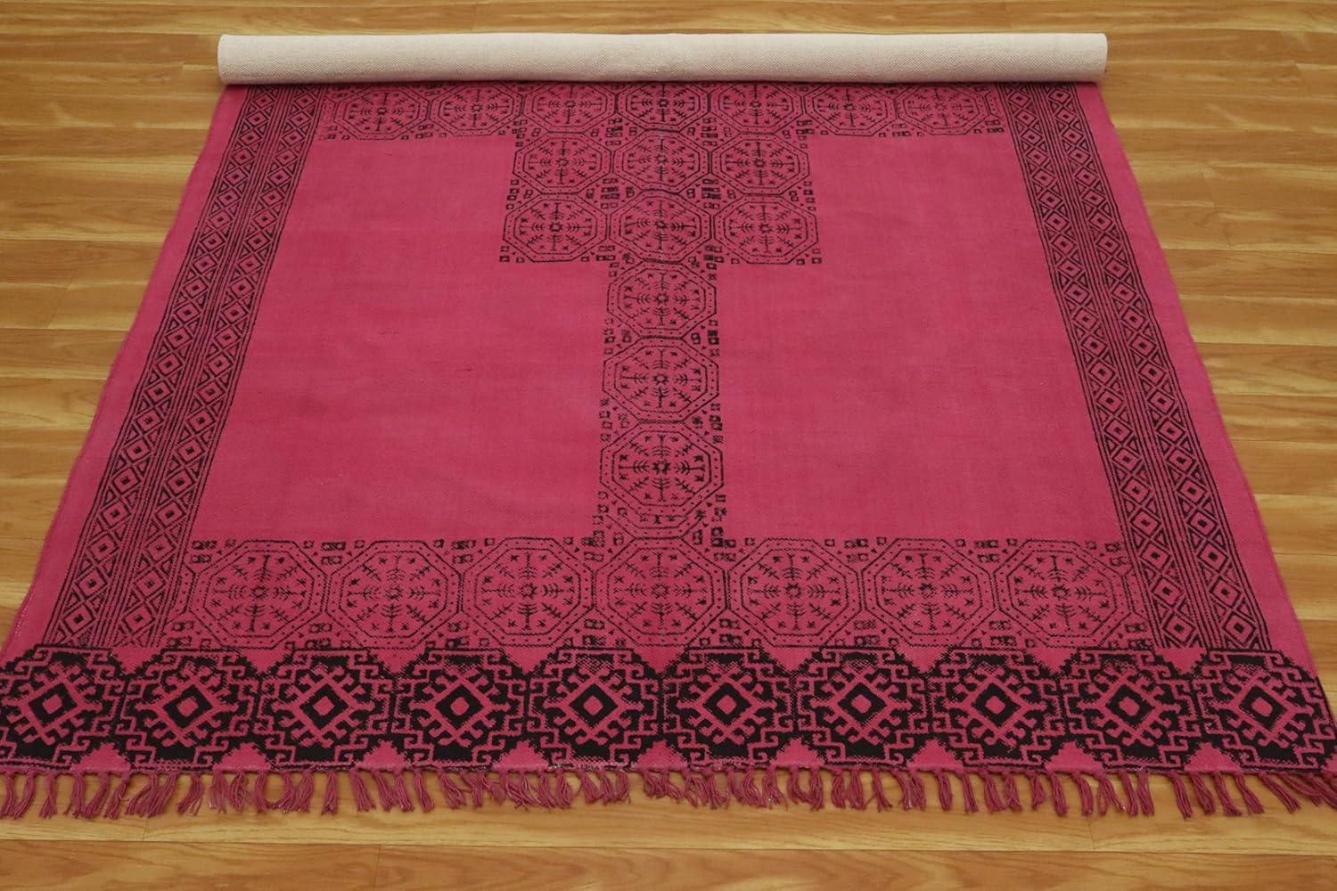Kilim Runner 4x20 Geometric Design Red Black Hand Block Printed Cotton Dhurrie Hand Surface Washable Runner 0.19" Thick Handmade Boho Indoor Outdoor Flatweave Rugs for Hallway,Staircases,Corridor