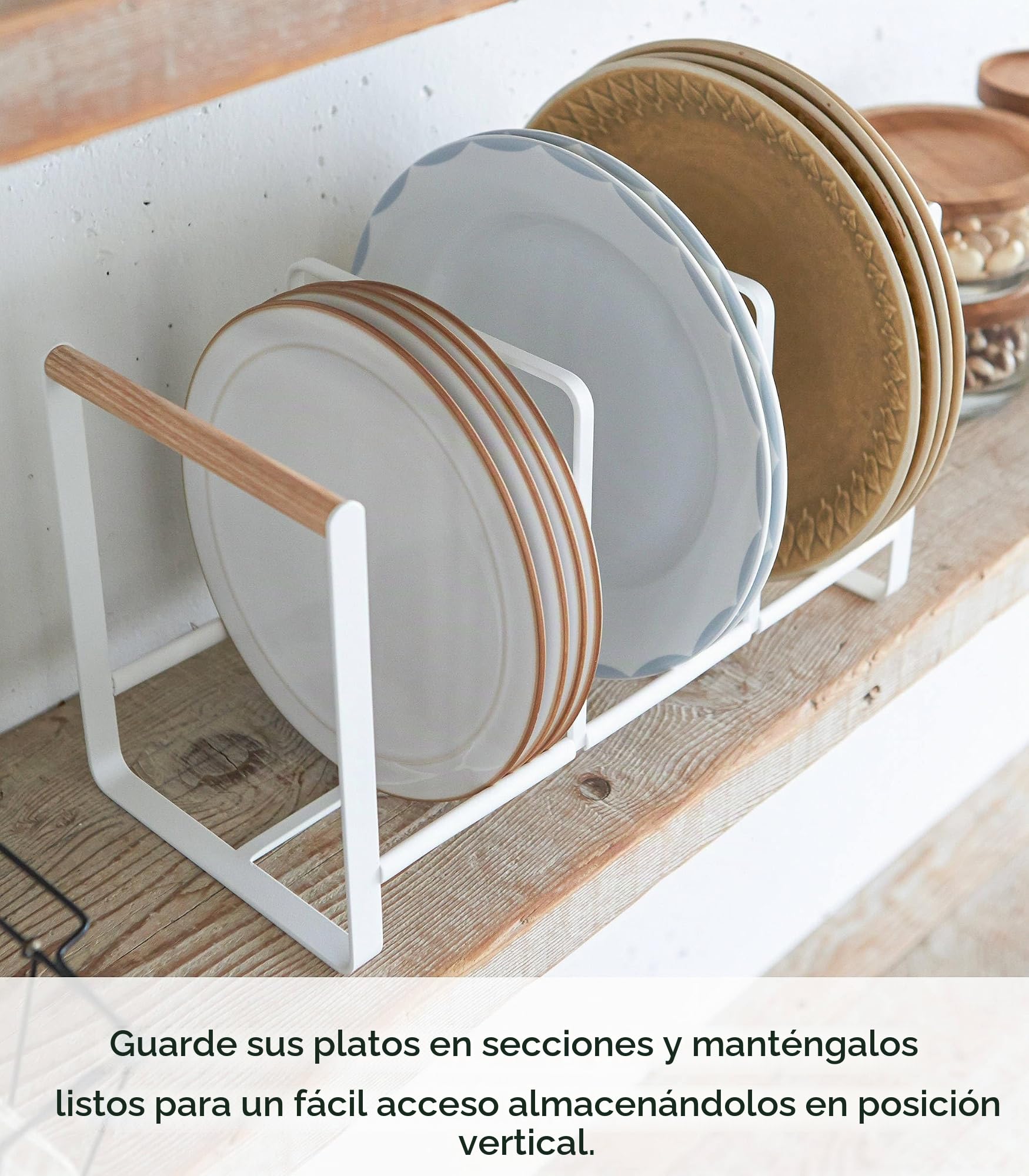 YAMAZAKI 2963 TOSCA Estante para platos ancho, blanco, Acero/Madera, minimalista, 34.5 x 16.5 x 20 cm