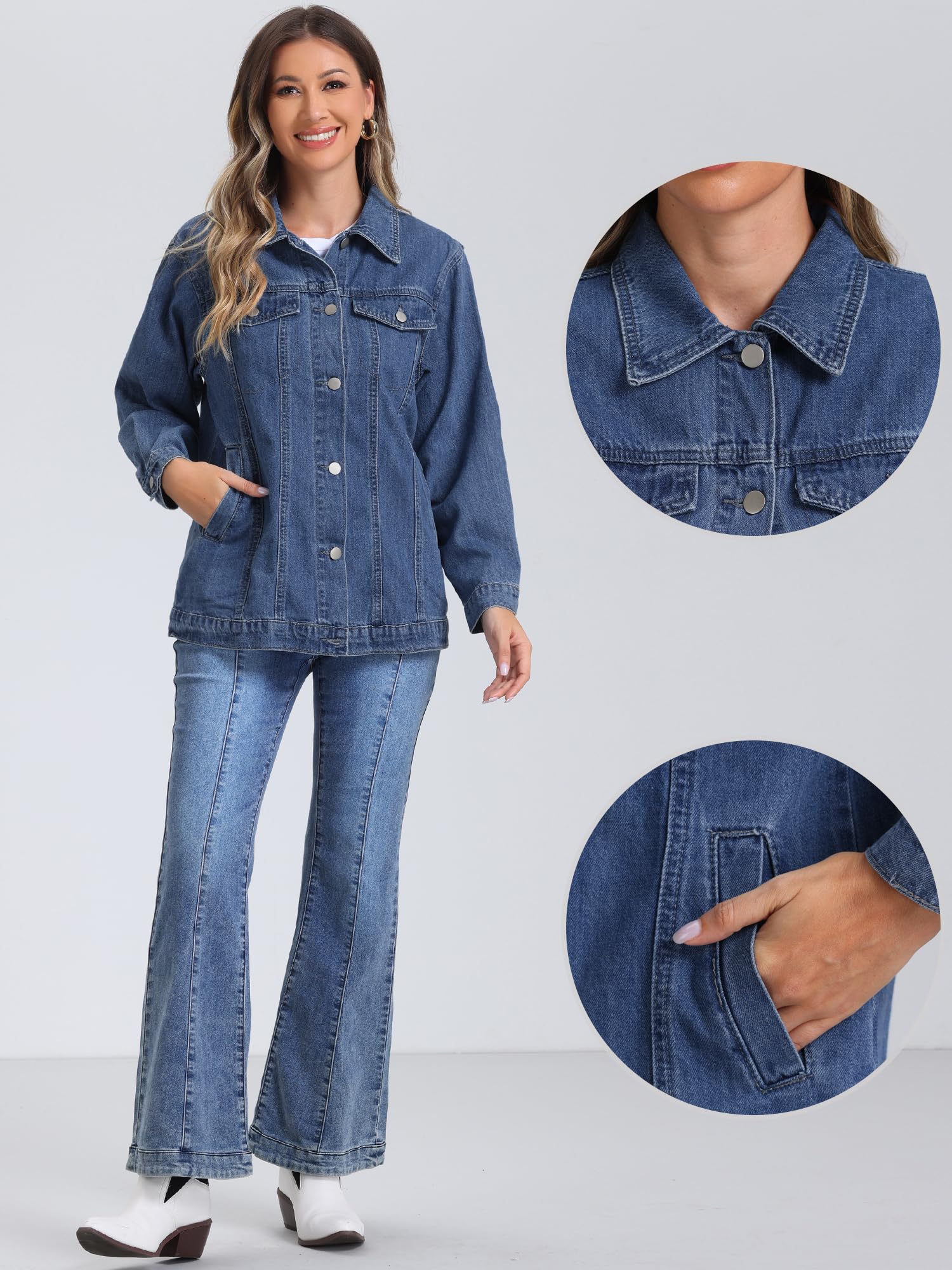 Allegra K Mujer Chaqueta Vaquera Oversized Casual Manga Larga con Bolsillo
