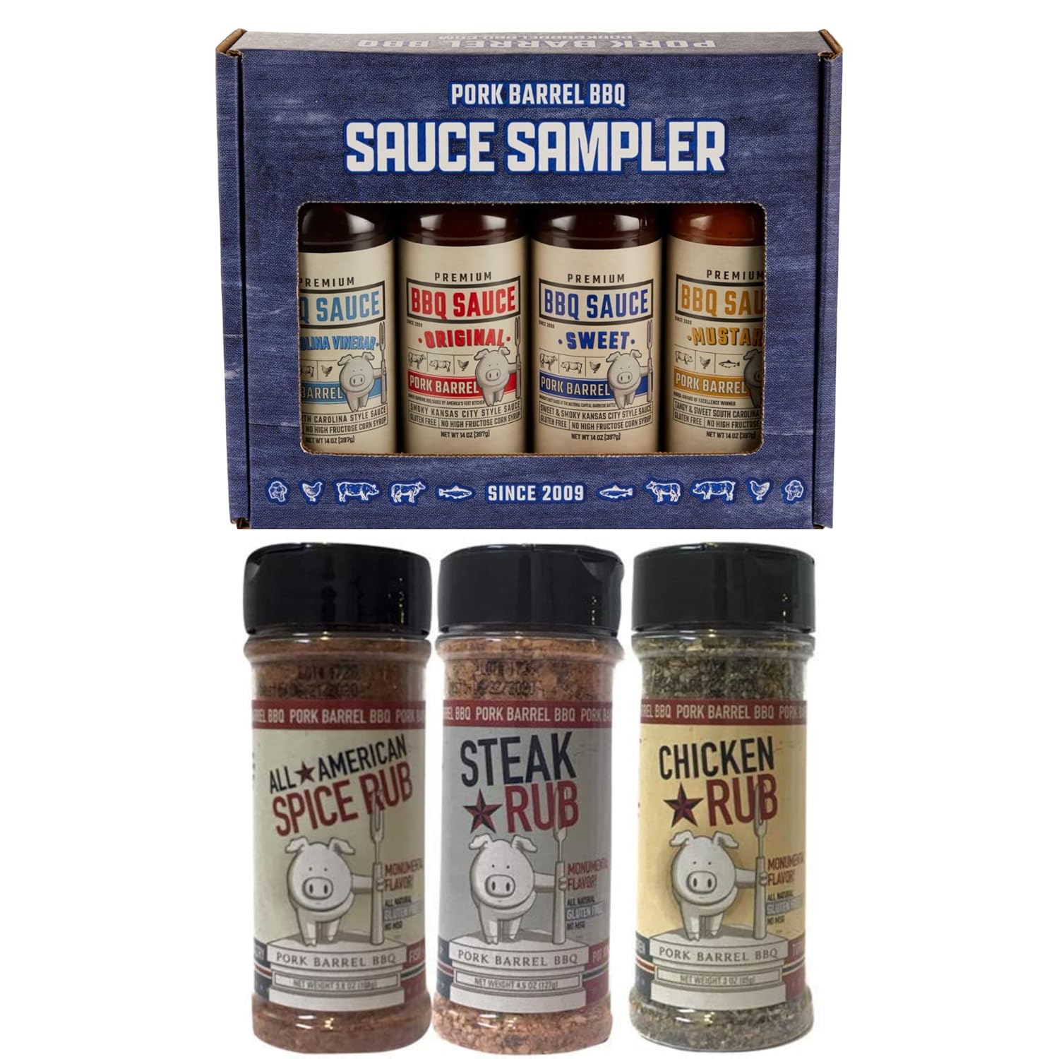 Pork Barrel BBQ 4 Sauce Gift Set and 3 Spice Seasoning Gift Set Bundle Great for