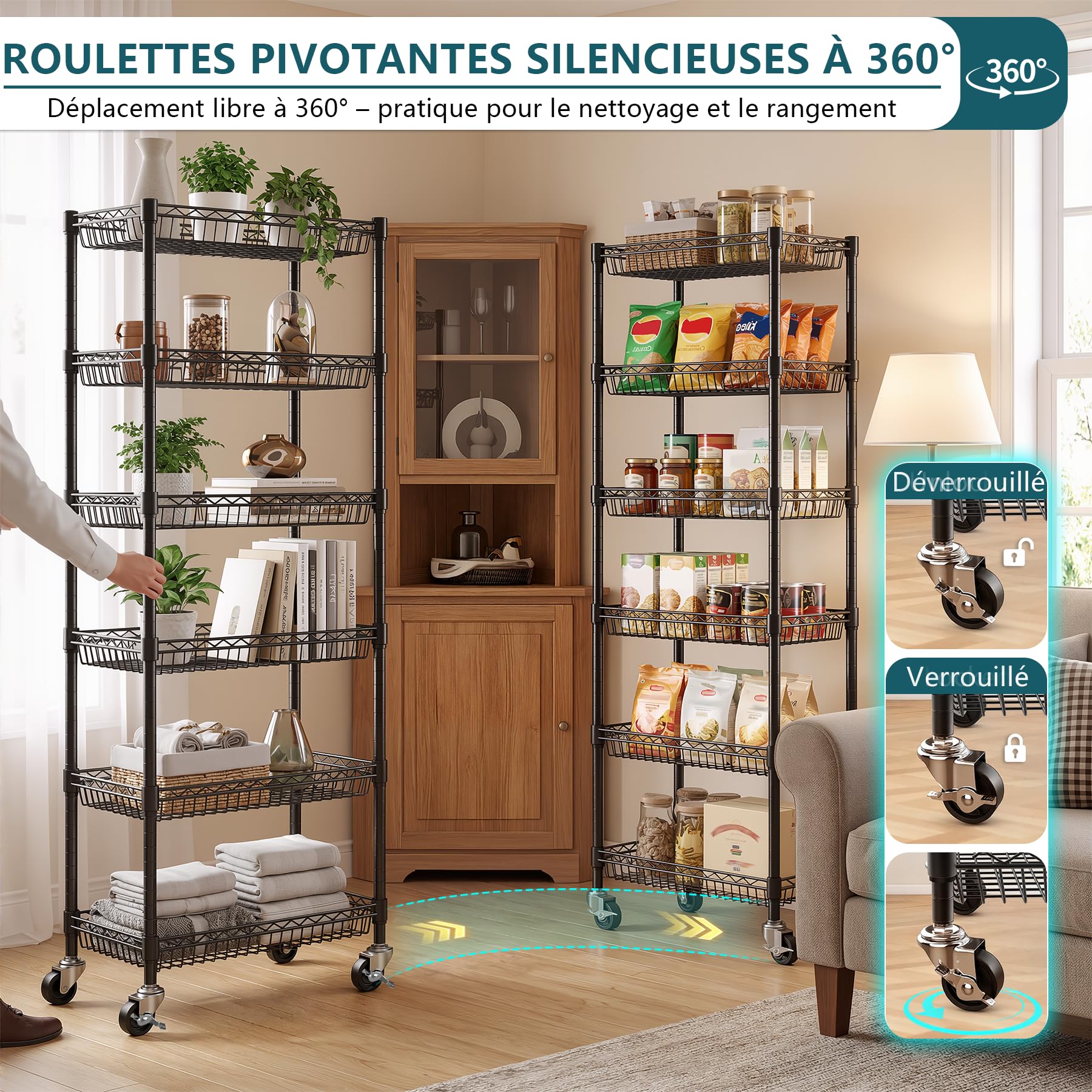 Himimi Étagère Métal 6 Niveaux à Roulettes, Étagère de Rangement Réglable en Hauteur Autoportante, Organiseur à Paniers en Fil Métallique pour Cuisine, Salle de Bain, Chambre, Salon,43×30×165 cm, Noir