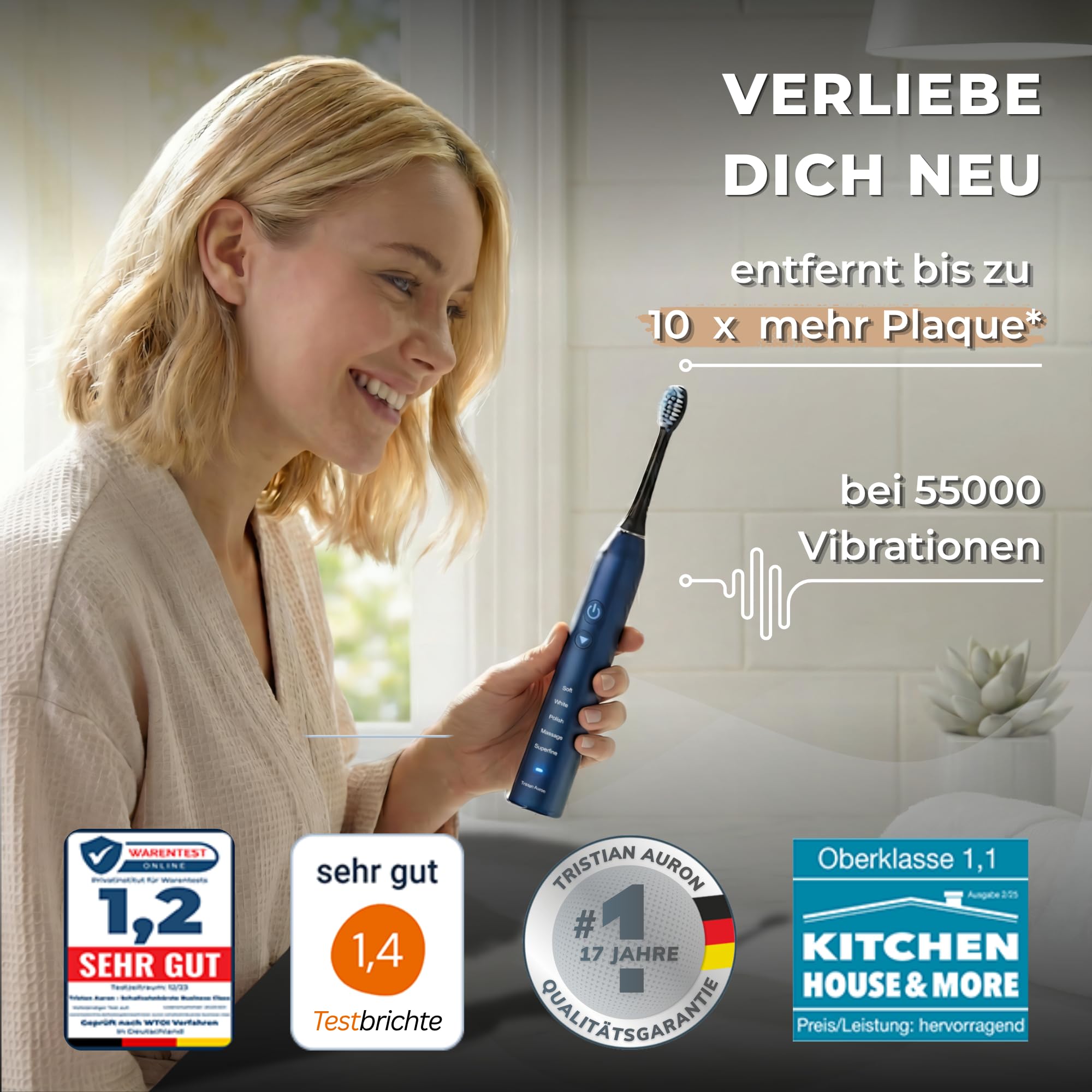 Elektrische Schallzahnbürste 55.000 VPM, 5 Modi, risikofrei 100 Tage testen | Tristan Auron Business Class in blau, Beste Reisezahnbürste, IPX7 Wasserdicht, 60 Tage Akku, UV-Reiseetui, 2 Ersatzbürsten