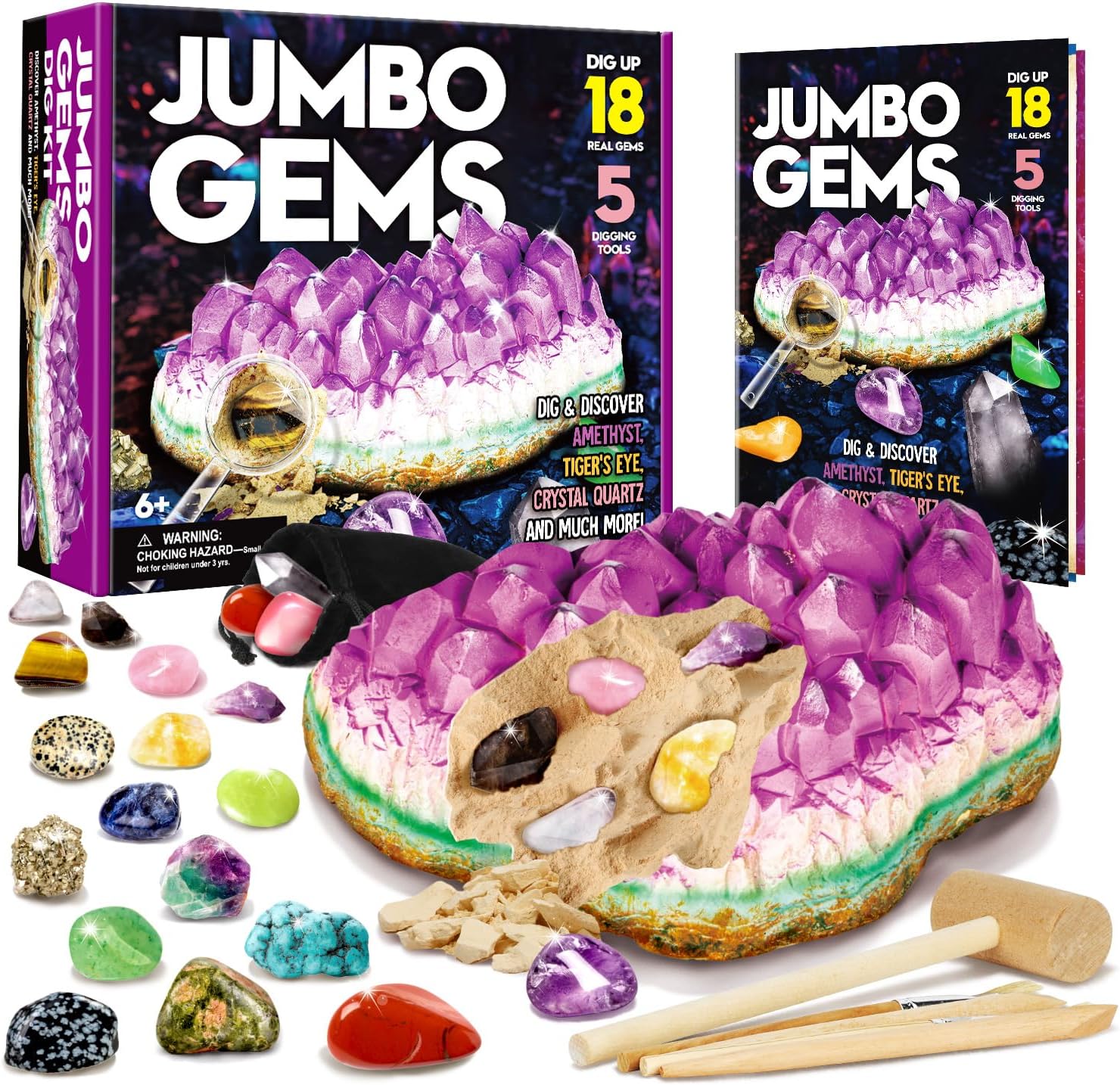 Jumbo Gem Dig Kit - Dig Up 18 Real Gemstones for Kids - Rocks and Minerals, Crystals Mining Science Kits Great Geology Archeology Gift for Boys & Girls Educational STEM Toys