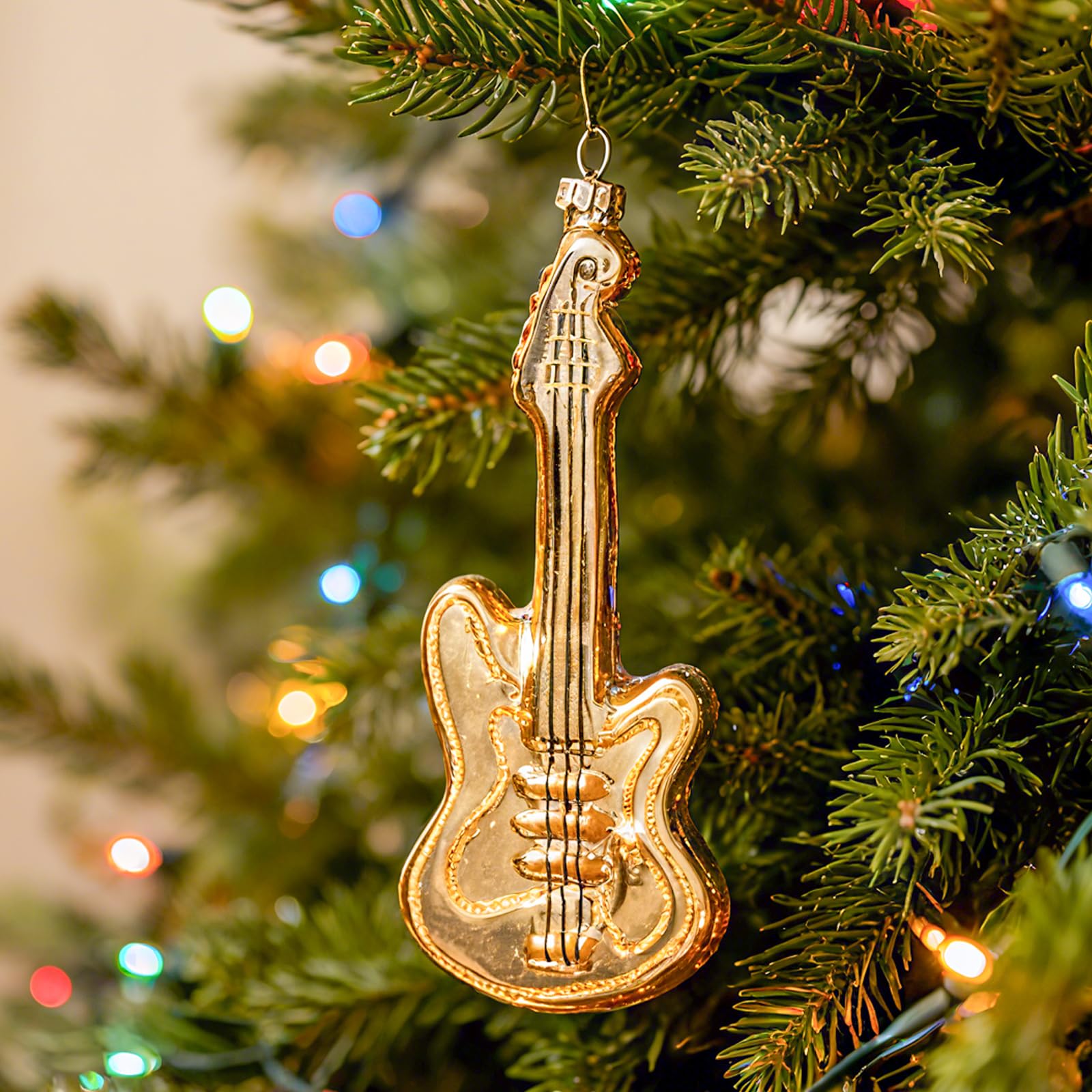 Condition photo showing New/Like New for WDS WONDROUS Guitar Christmas Ornament Gold, Glass Guitar Hanging Ornament Set for Xmas Tree Decor Holiday Party Home Gift, Handcrafted Holiday Decoration, Music Collection(2.36”)