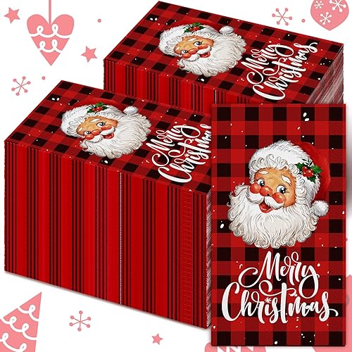 Karenhi 200 toallas de mano desechables de Navidad para baño, 2 capas de papel de Papá Noel, toallas de invitados de búfalo a cuadros, servilletas