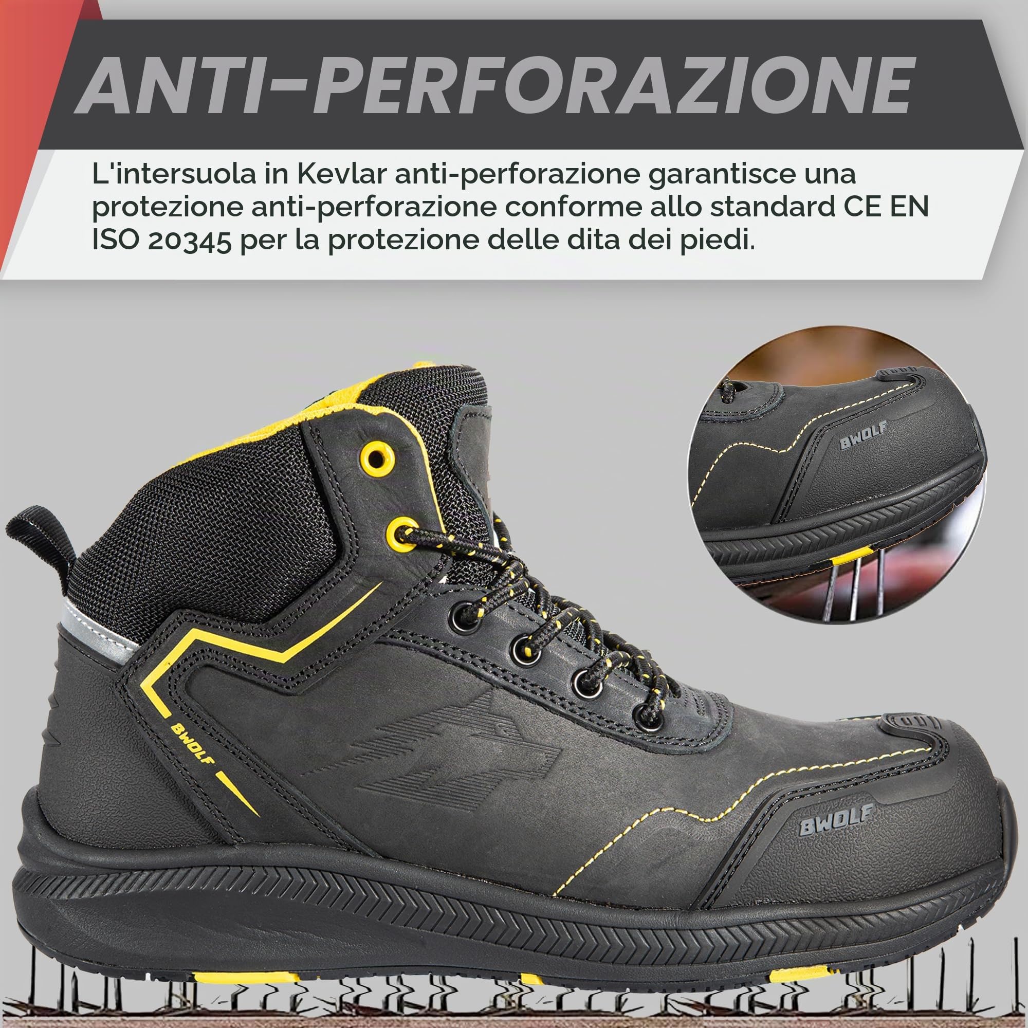 BWOLF Phoenix S3 - Scarpe antinfortunistiche da uomo S3 Nabuk impermeabili, antiscivolo 4x4 Grip Tech, suola Ergo