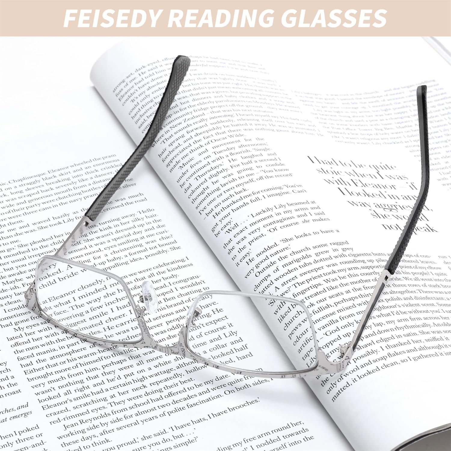 FEISEDY Blue Light Blocking Reading Glasses for Women Men, Classic Stylish Square Metal Semi Rimless Frame B0412