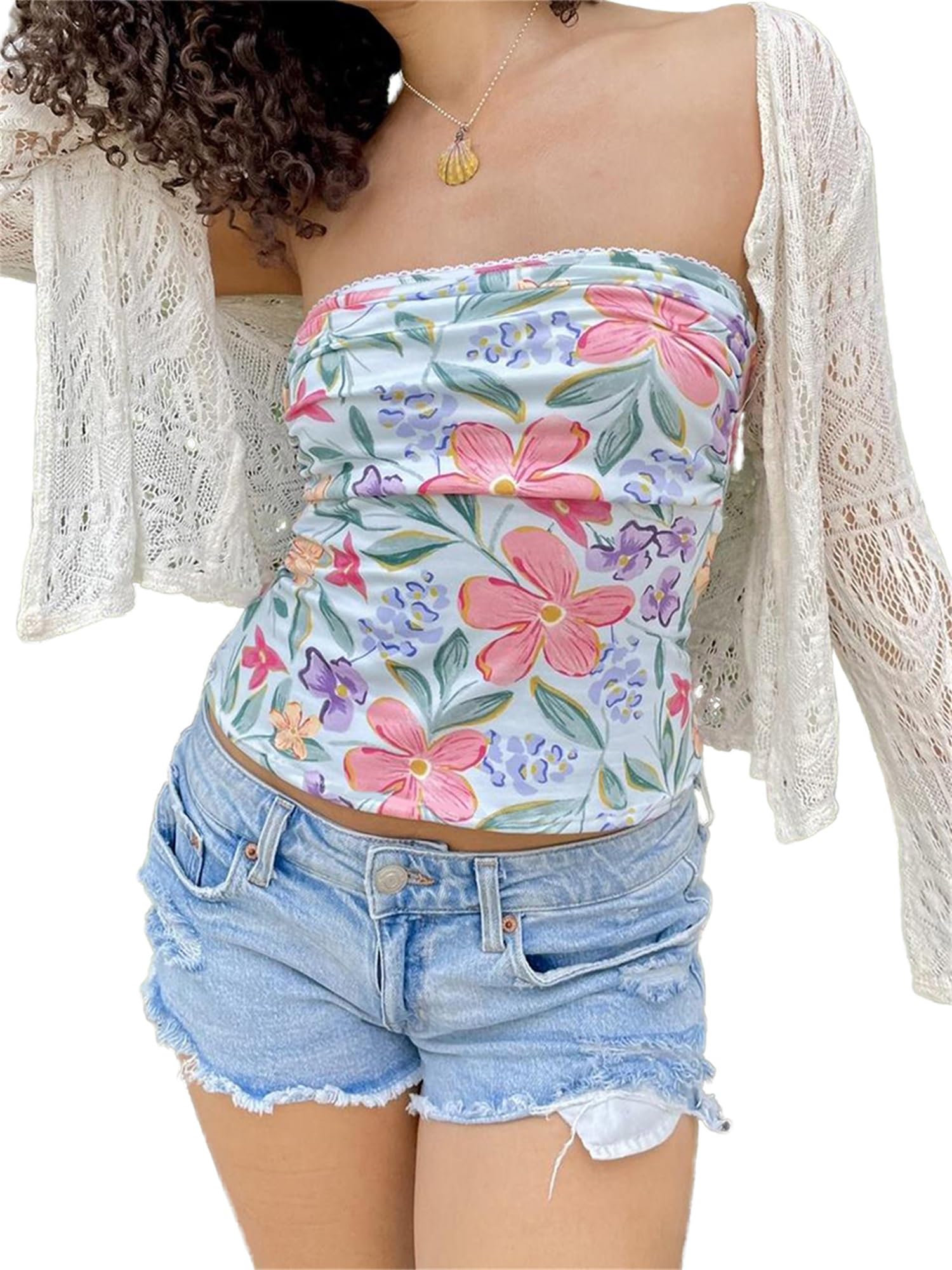 SANSIWU Women Y2k Floral Tube Tops Flower Print Sleeveless Strapless Crop Tank Tops Vintage Aesthetic Backless Bandeau Tops (C-Blue, M) — image 1